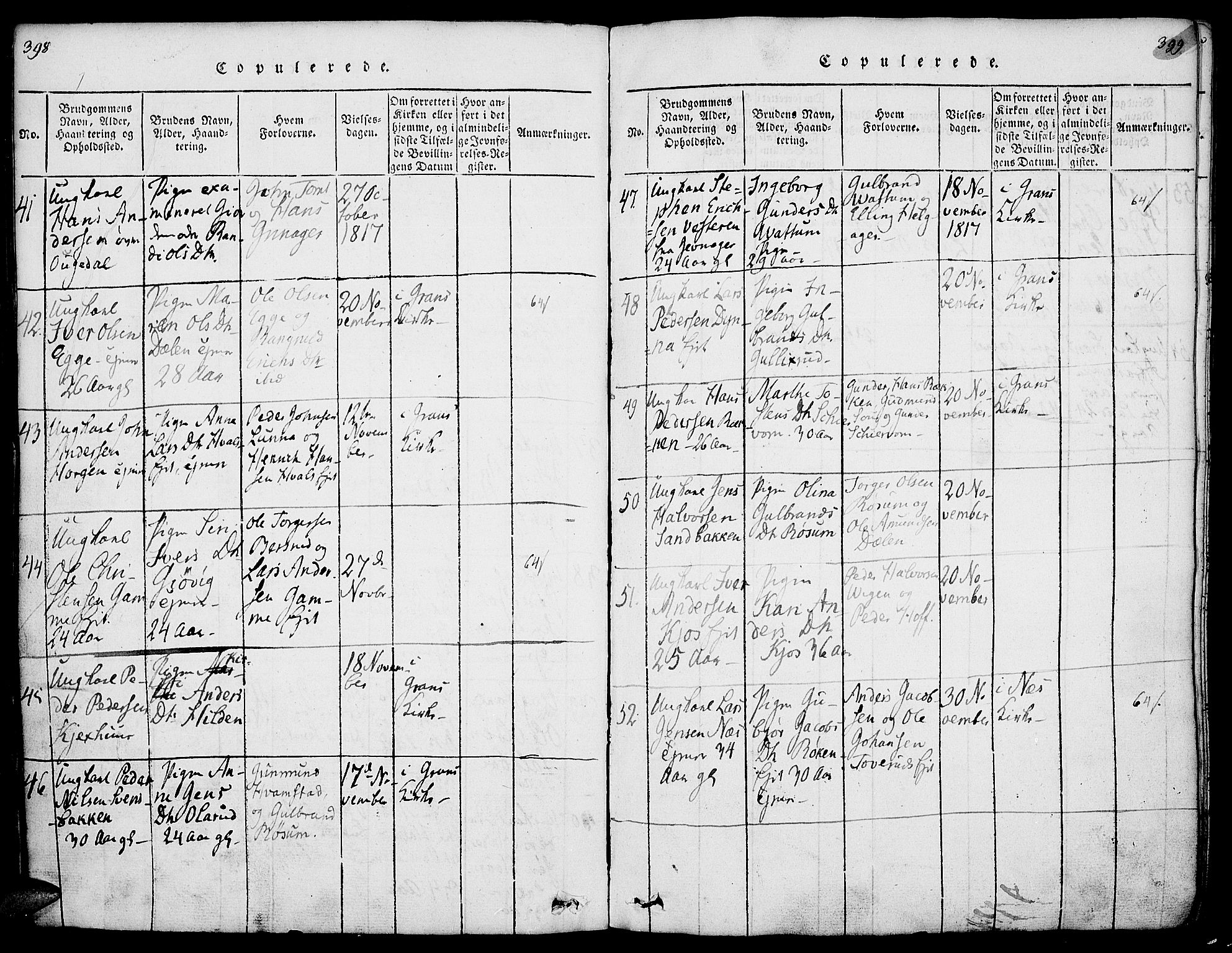 Gran prestekontor, AV/SAH-PREST-112/H/Ha/Haa/L0009: Parish register (official) no. 9, 1815-1824, p. 398-399