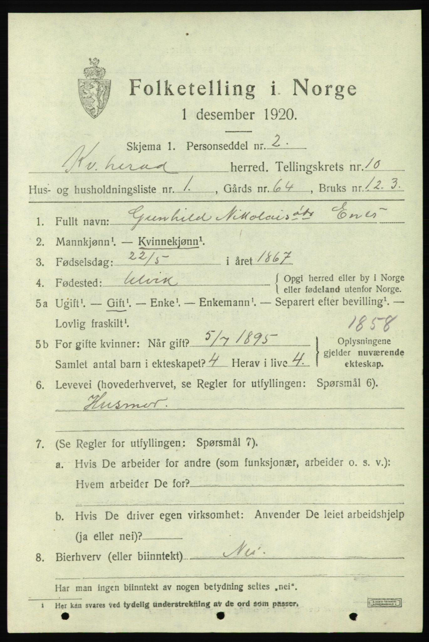 SAB, 1920 census for Kvinnherad, 1920, p. 6900