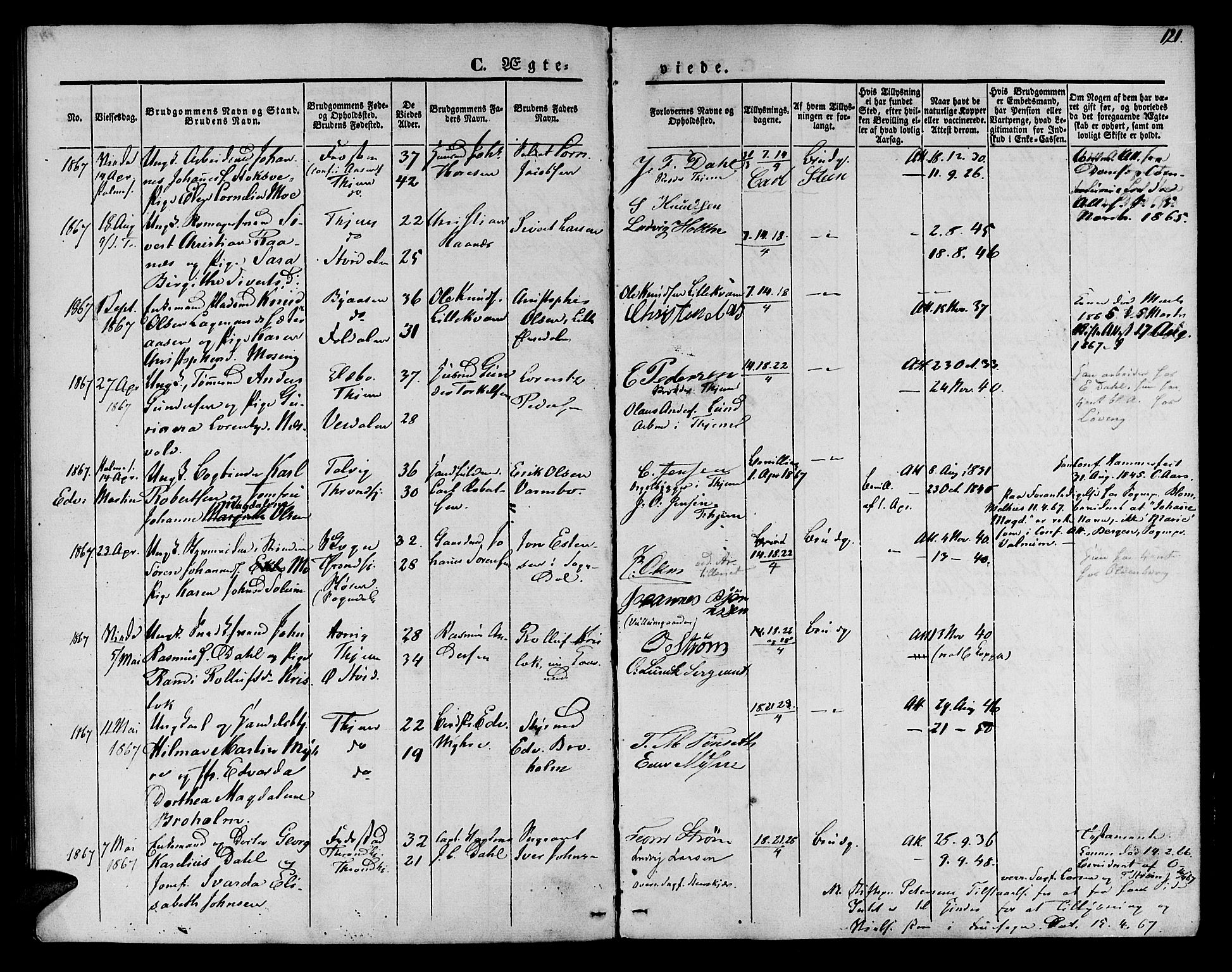 Ministerialprotokoller, klokkerbøker og fødselsregistre - Sør-Trøndelag, AV/SAT-A-1456/602/L0111: Parish register (official) no. 602A09, 1844-1867, p. 121