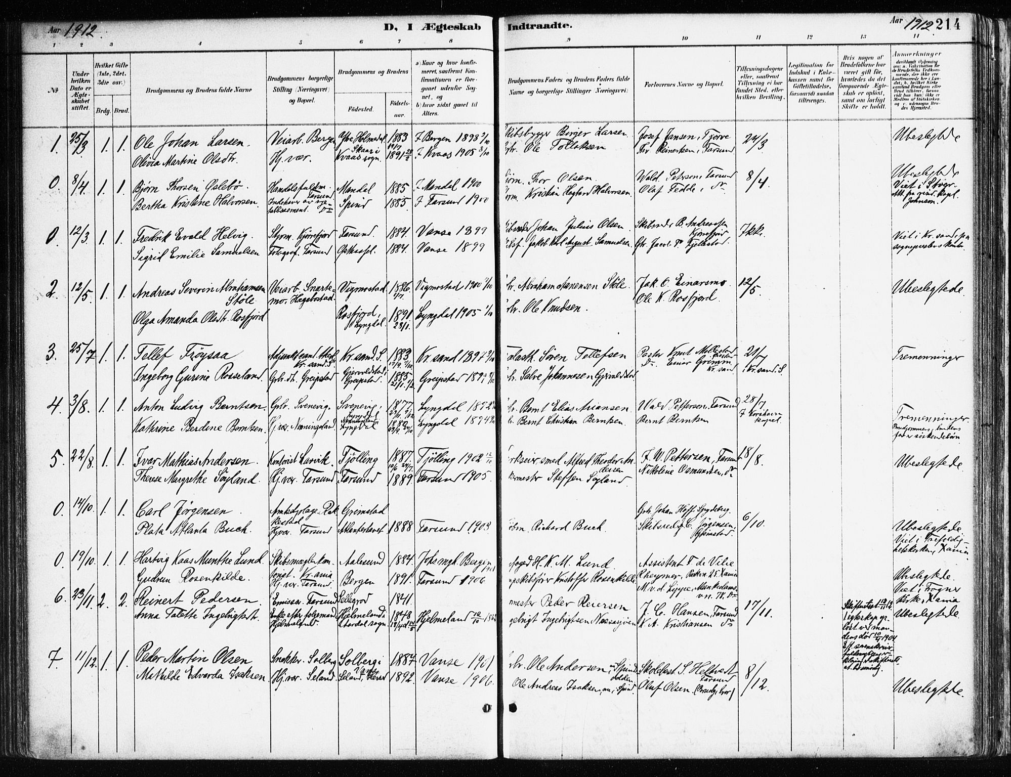 Farsund sokneprestkontor, AV/SAK-1111-0009/F/Fa/L0006: Parish register (official) no. A 6, 1887-1920, p. 214