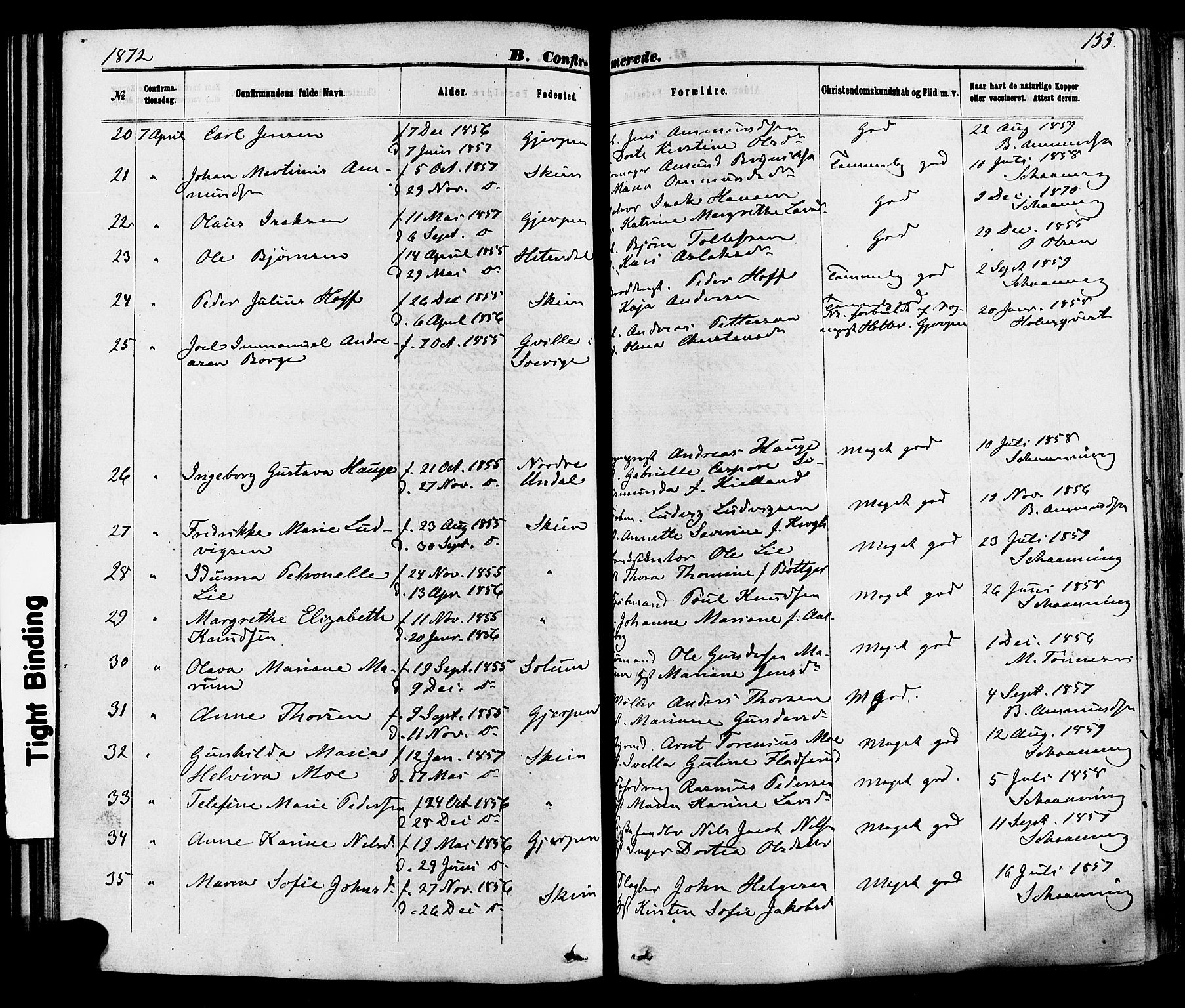 Skien kirkebøker, SAKO/A-302/F/Fa/L0008: Parish register (official) no. 8, 1866-1877, p. 153