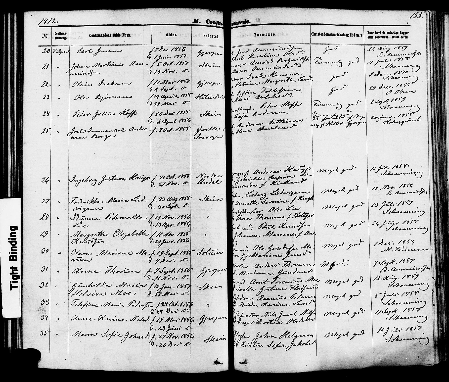 Skien kirkebøker, AV/SAKO-A-302/F/Fa/L0008: Parish register (official) no. 8, 1866-1877, p. 153