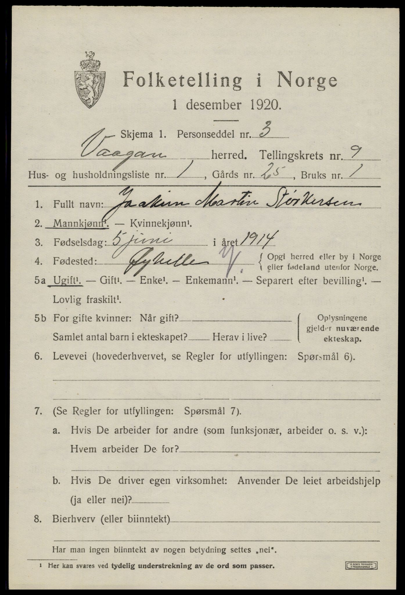 SAT, 1920 census for Vågan, 1920, p. 8101