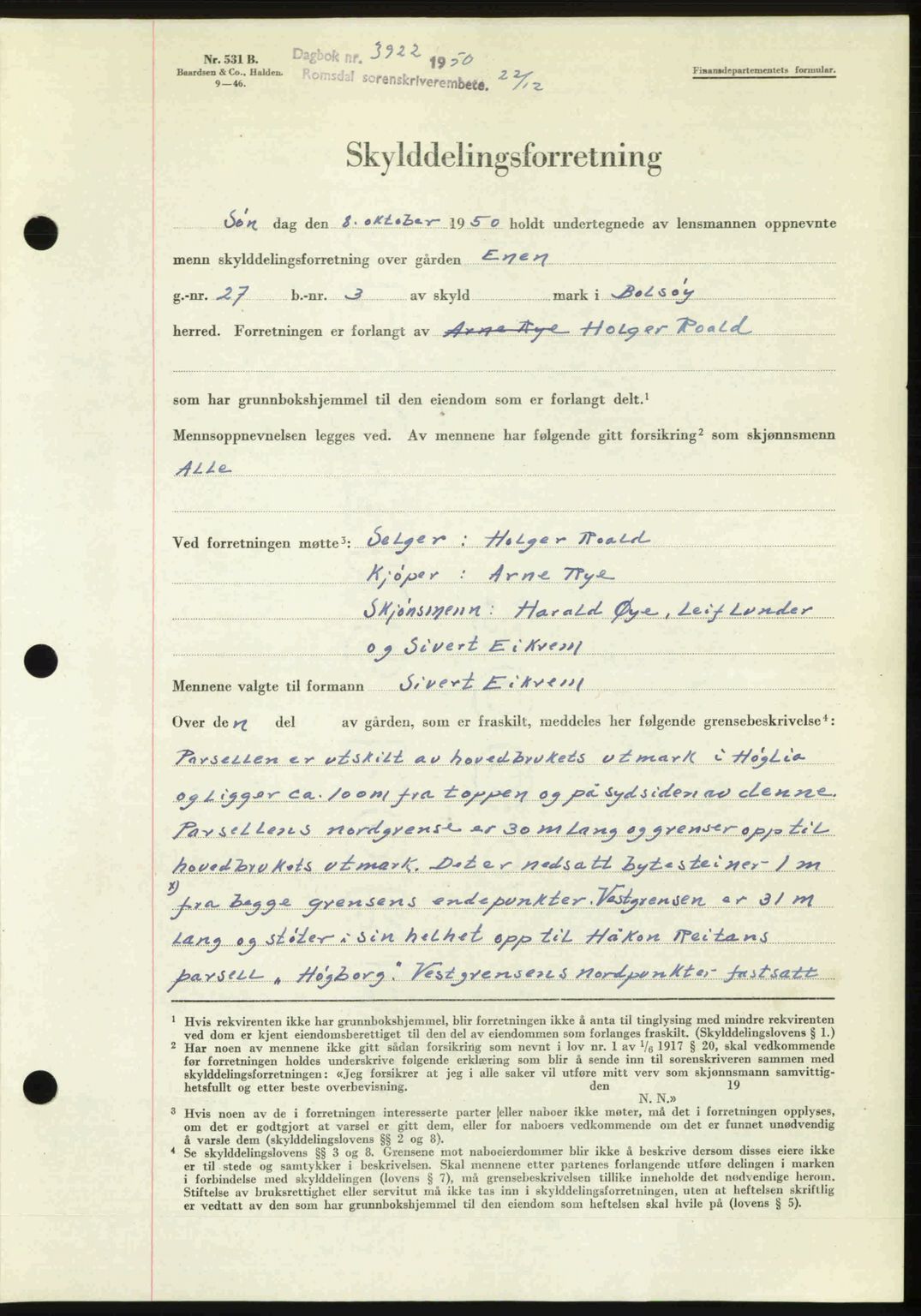 Romsdal sorenskriveri, AV/SAT-A-4149/1/2/2C: Mortgage book no. A35, 1950-1950, Diary no: : 3922/1950