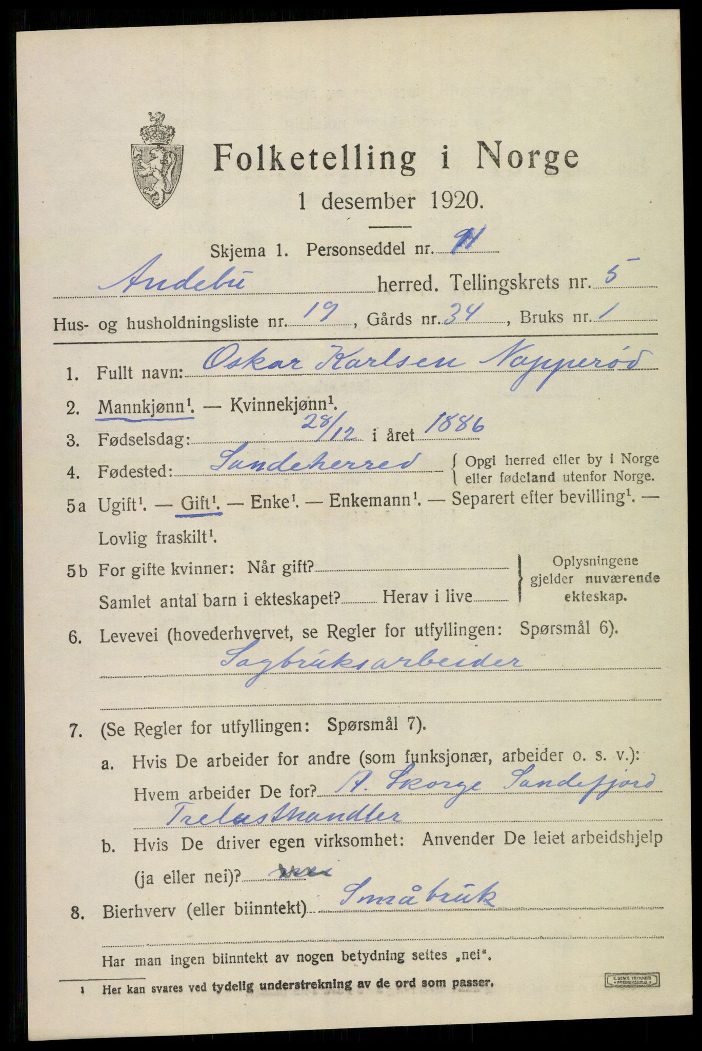 SAKO, 1920 census for Andebu, 1920, p. 2828
