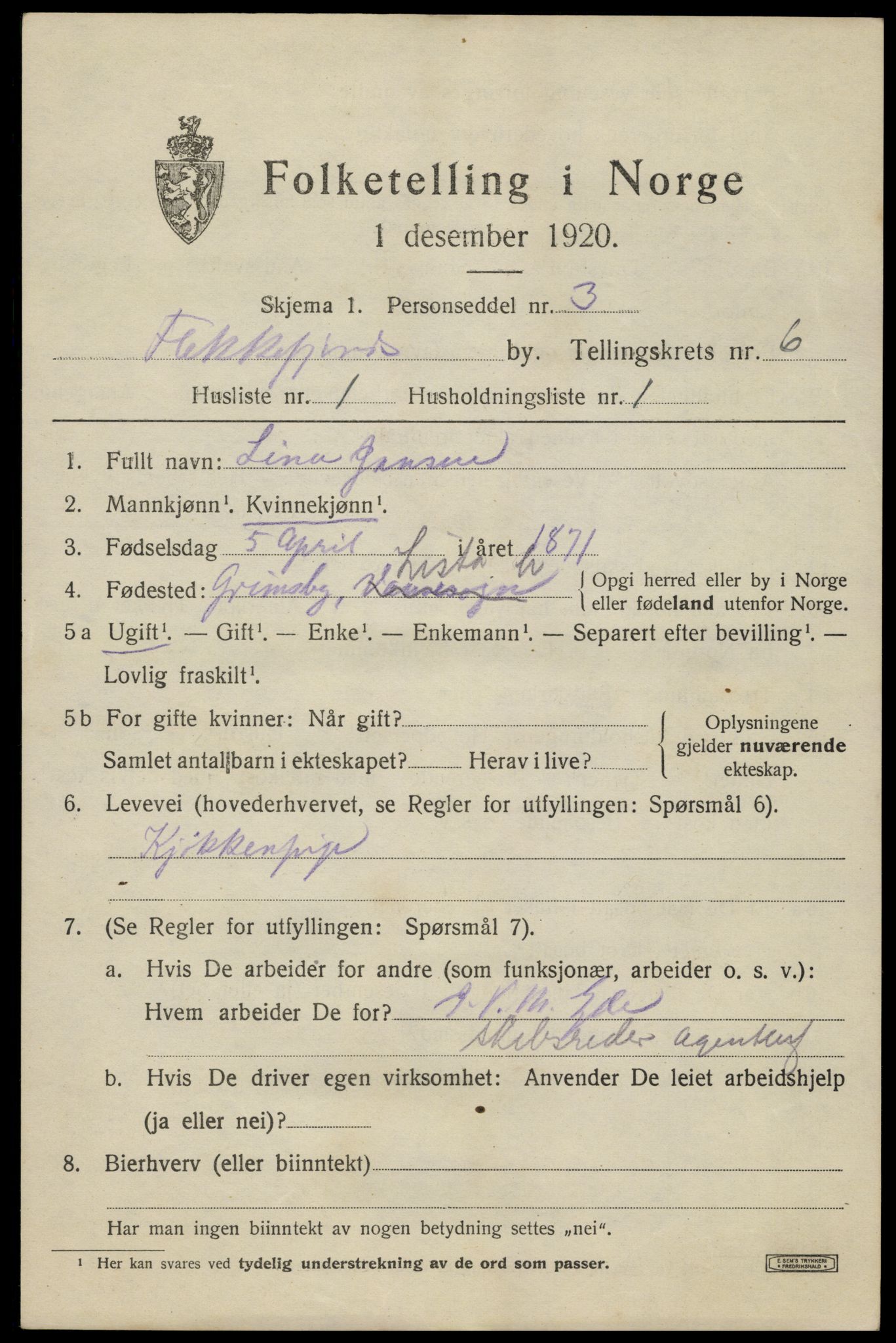 SAK, 1920 census for Flekkefjord, 1920, p. 5768