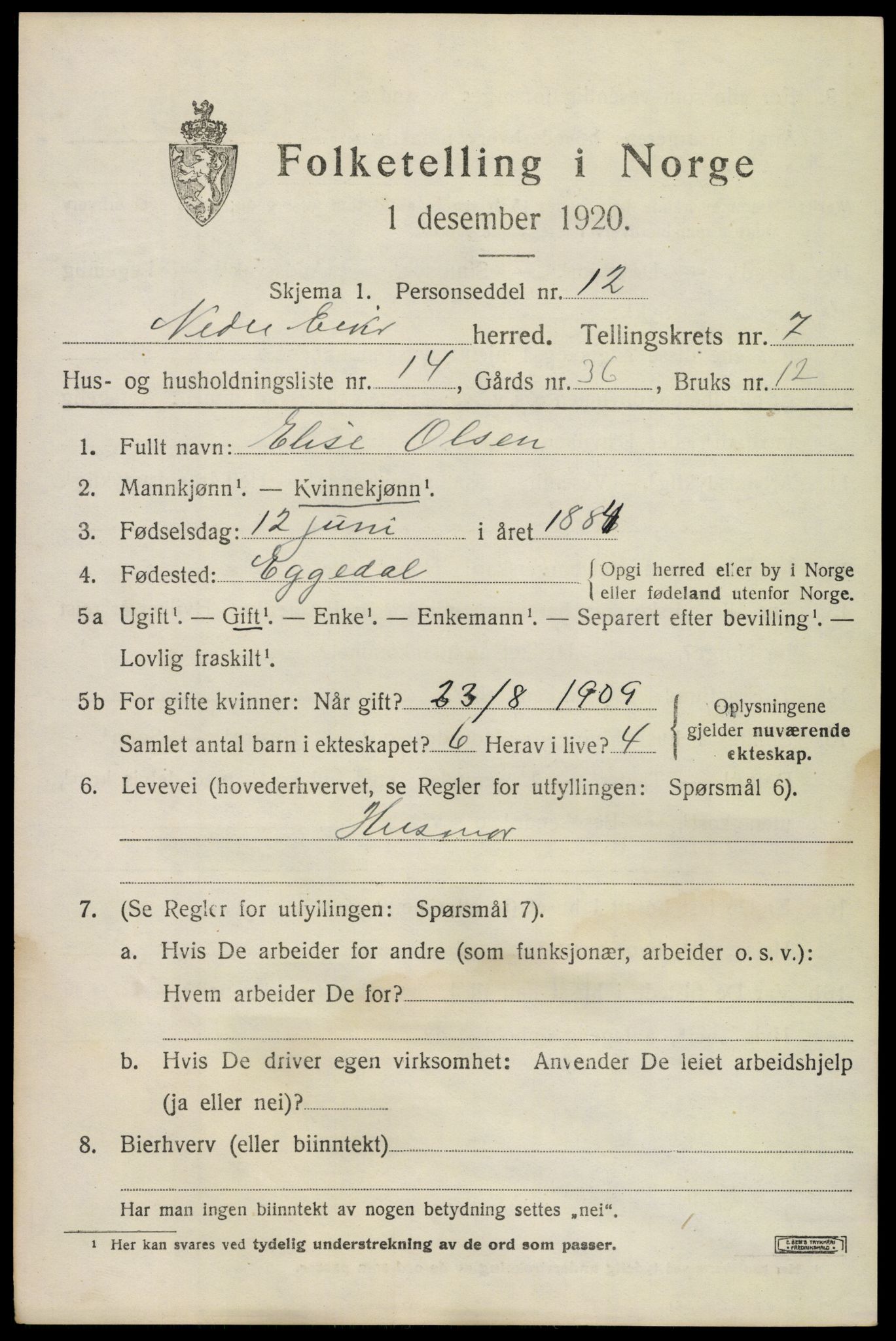 SAKO, 1920 census for Nedre Eiker, 1920, p. 7589