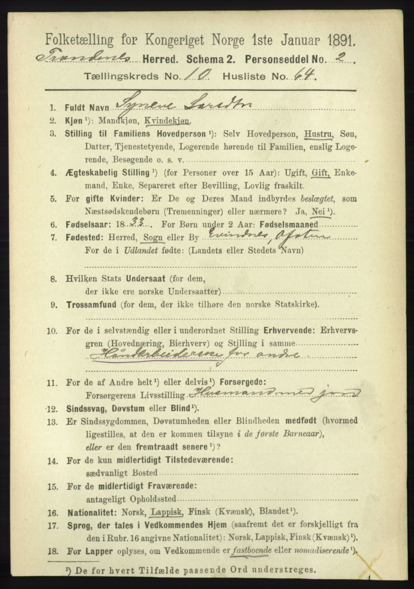 RA, 1891 census for 1914 Trondenes, 1891, p. 7920