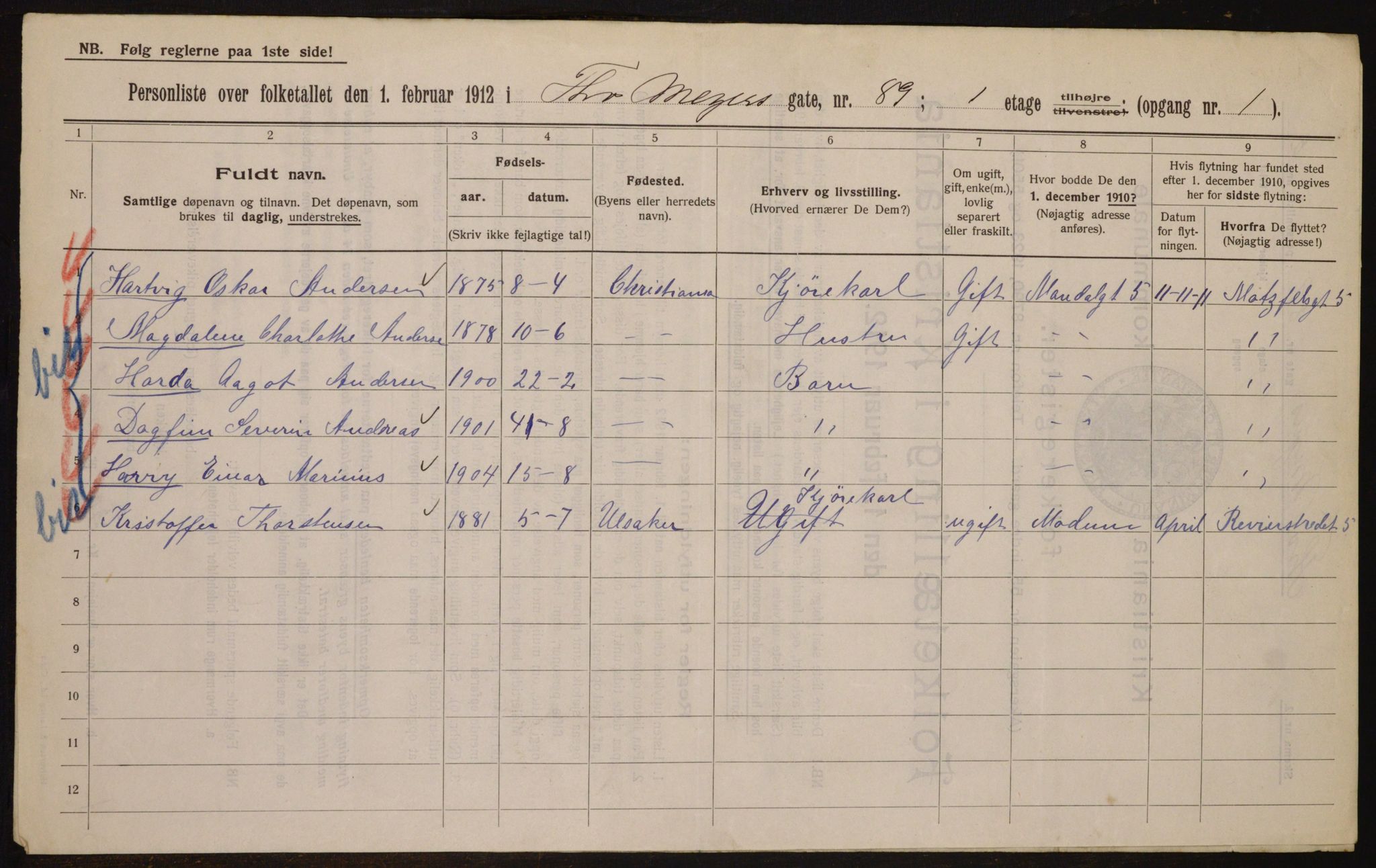 OBA, Municipal Census 1912 for Kristiania, 1912, p. 111342