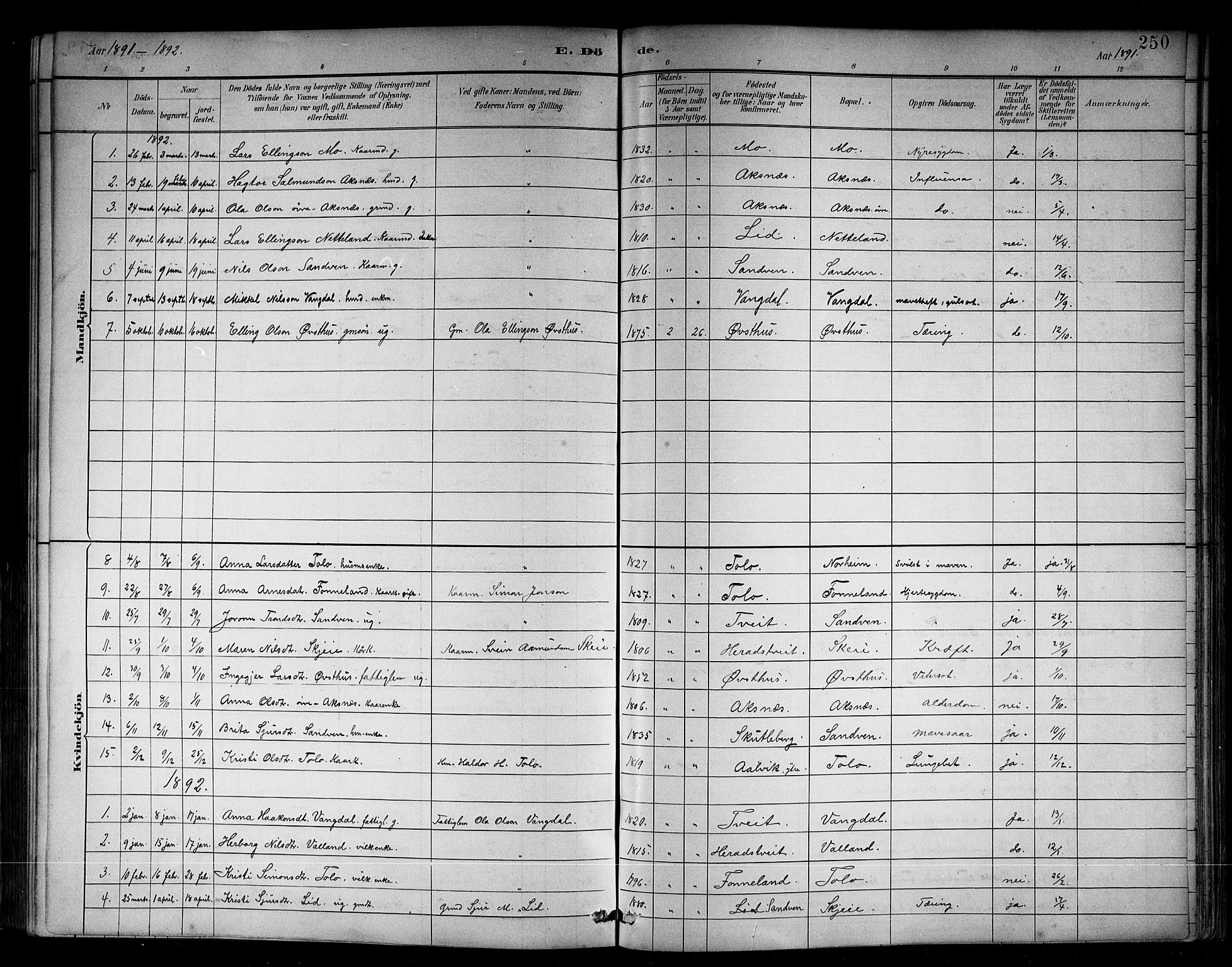 Kvam sokneprestembete, SAB/A-76201/H/Hab: Parish register (copy) no. B 3, 1884-1916, p. 250