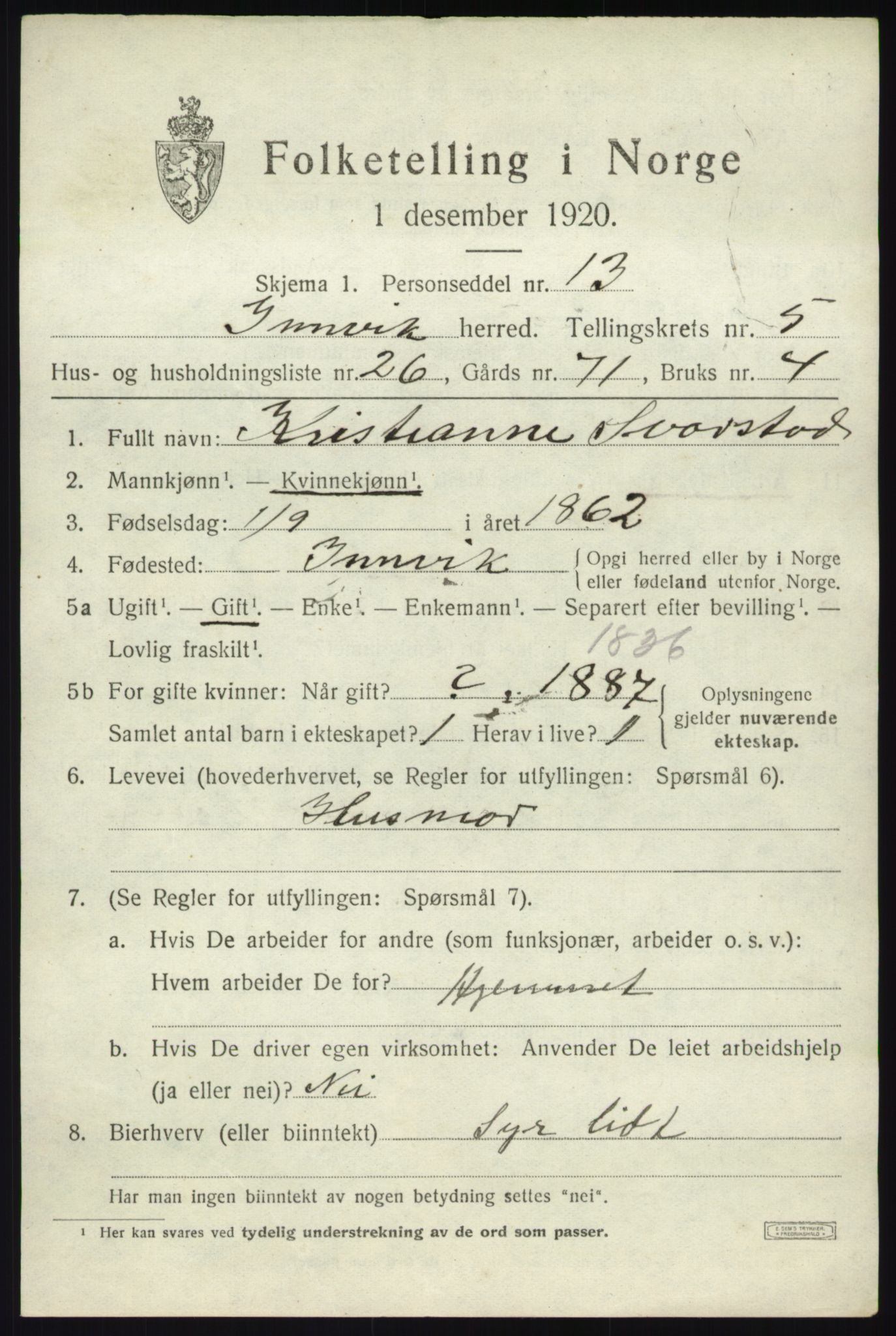 SAB, 1920 census for Innvik, 1920, p. 3007