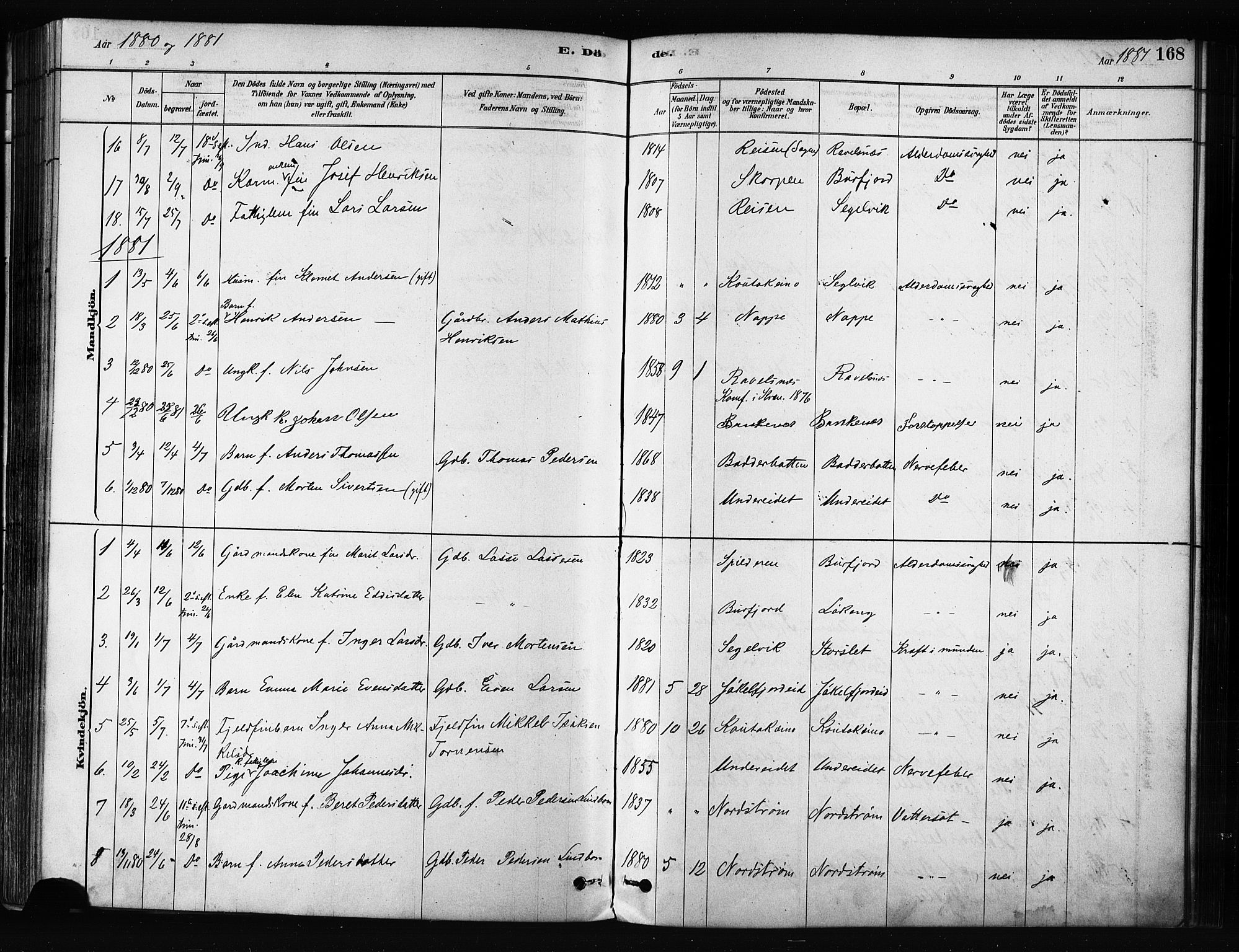 Skjervøy sokneprestkontor, SATØ/S-1300/H/Ha/Haa/L0012kirke: Parish register (official) no. 12, 1878-1891, p. 168