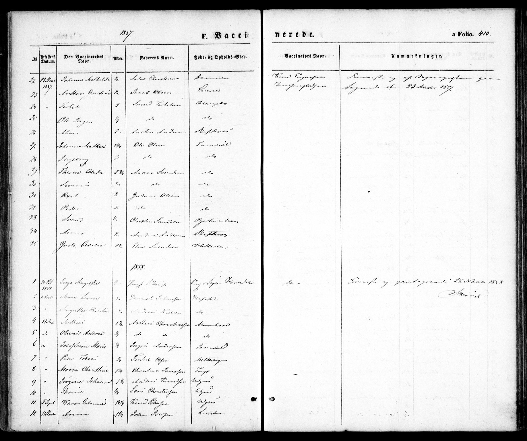 Hommedal sokneprestkontor, AV/SAK-1111-0023/F/Fa/Fab/L0004: Parish register (official) no. A 4, 1848-1860, p. 410