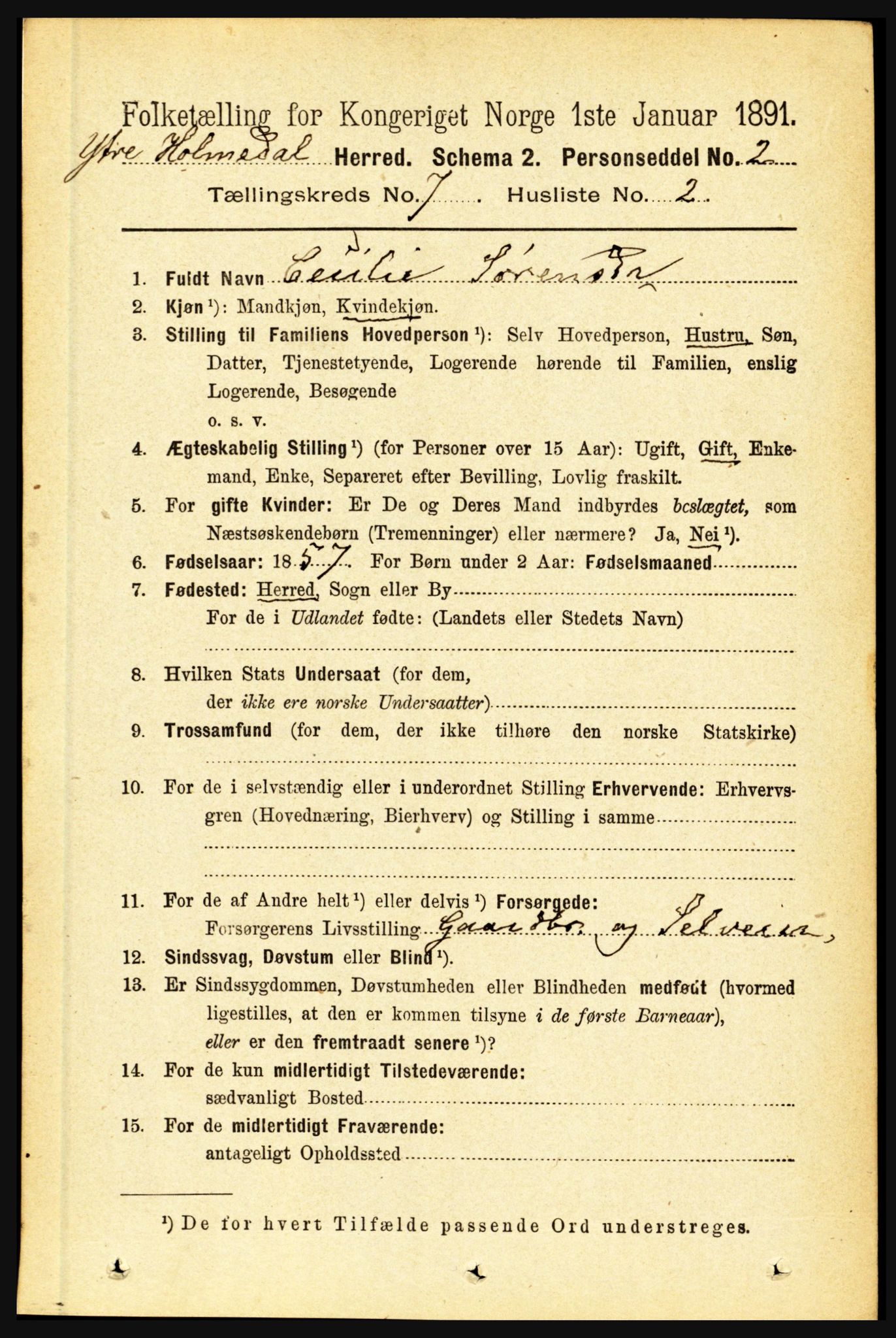 RA, 1891 census for 1429 Ytre Holmedal, 1891, p. 1597