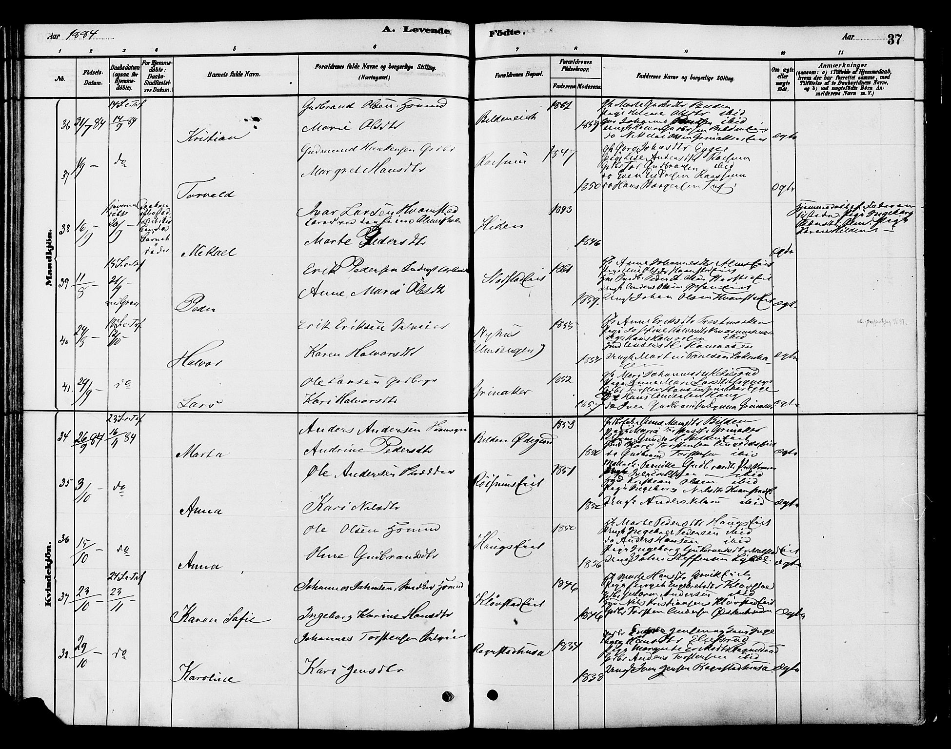 Gran prestekontor, SAH/PREST-112/H/Ha/Haa/L0016: Parish register (official) no. 16, 1880-1888, p. 37