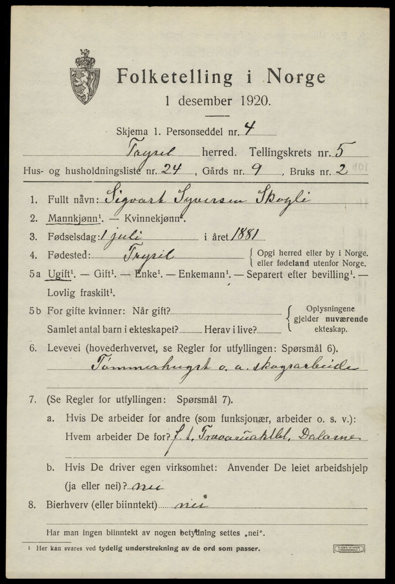 SAH, 1920 census for Trysil, 1920, p. 4523