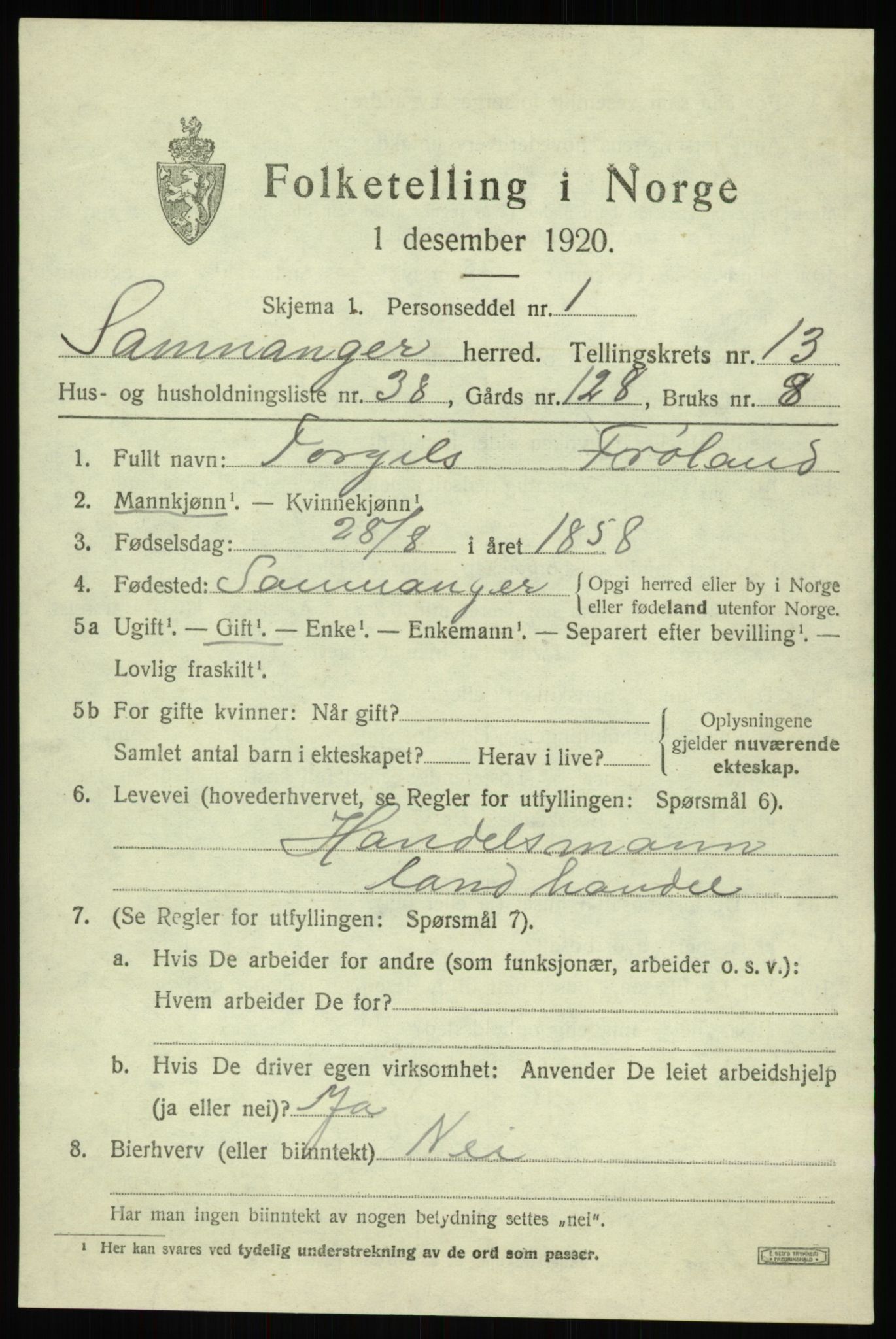 SAB, 1920 census for Samnanger, 1920, p. 5607