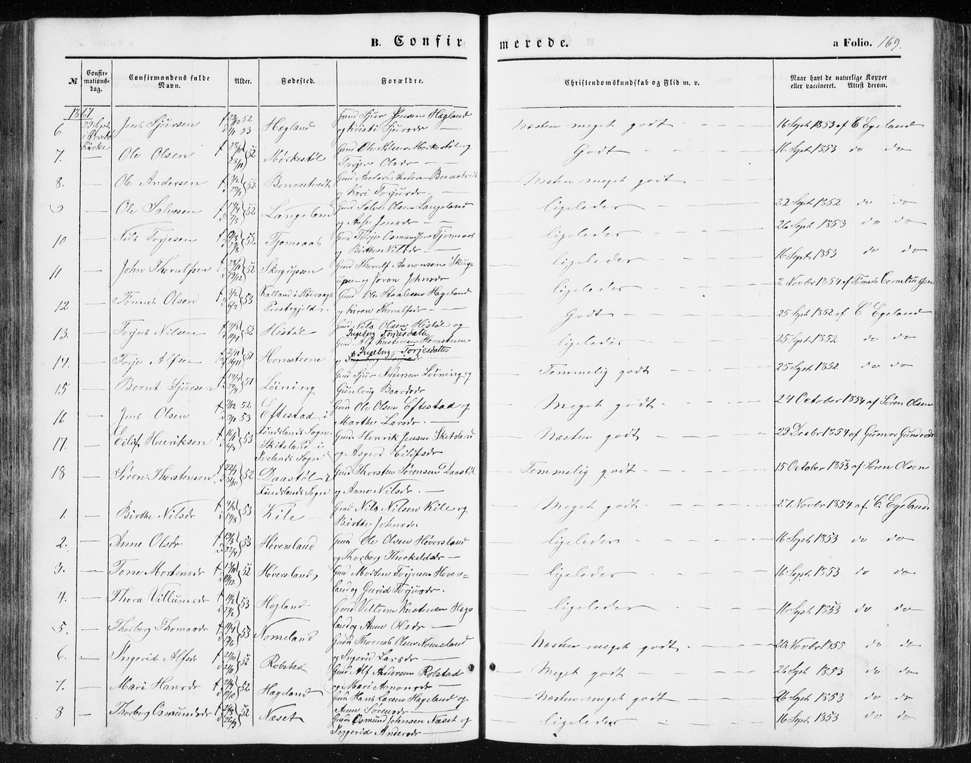 Vennesla sokneprestkontor, AV/SAK-1111-0045/Fa/Fac/L0007: Parish register (official) no. A 7, 1855-1873, p. 169