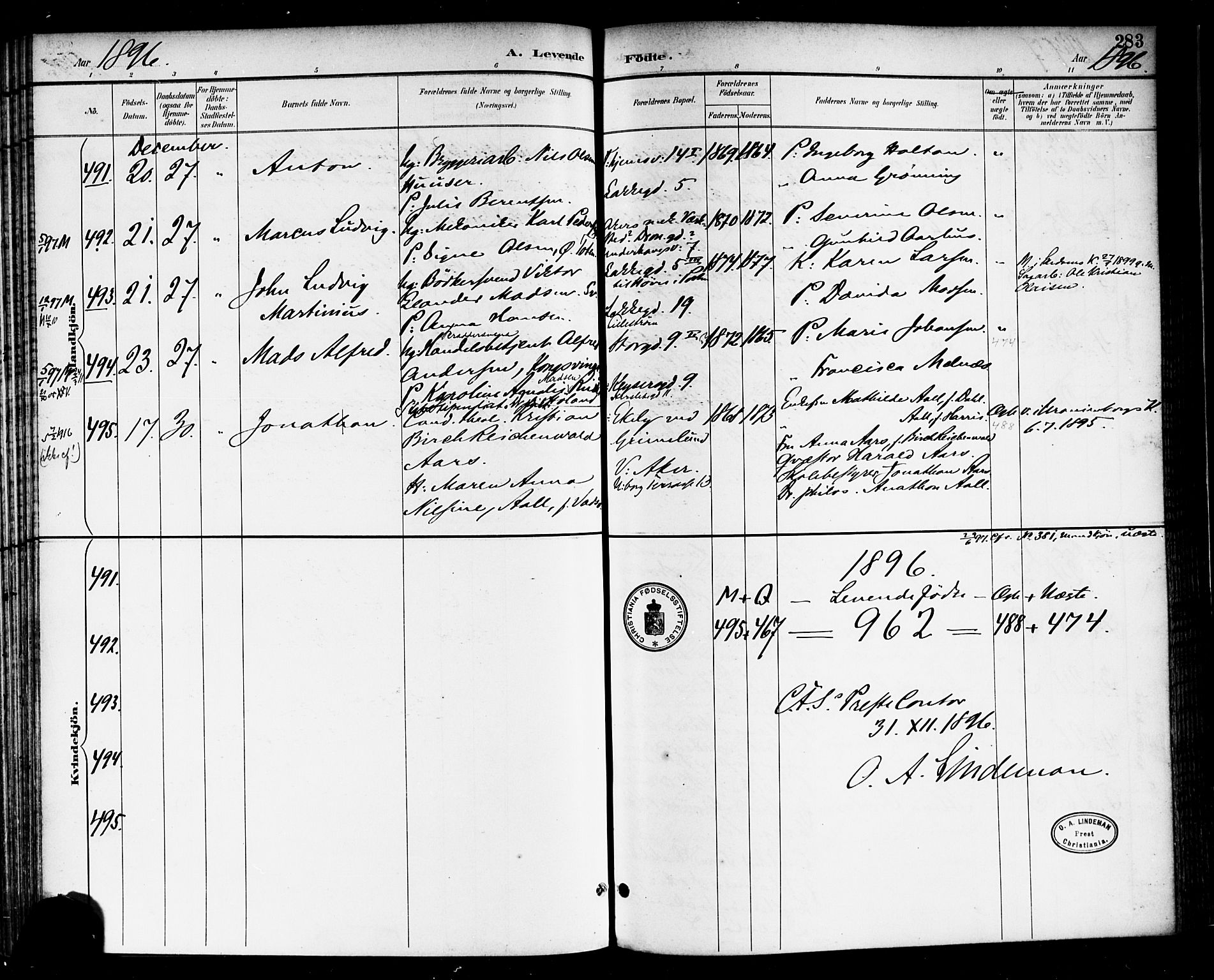 Rikshospitalet prestekontor Kirkebøker, AV/SAO-A-10309b/F/L0009: Parish register (official) no. 9, 1894-1897, p. 283