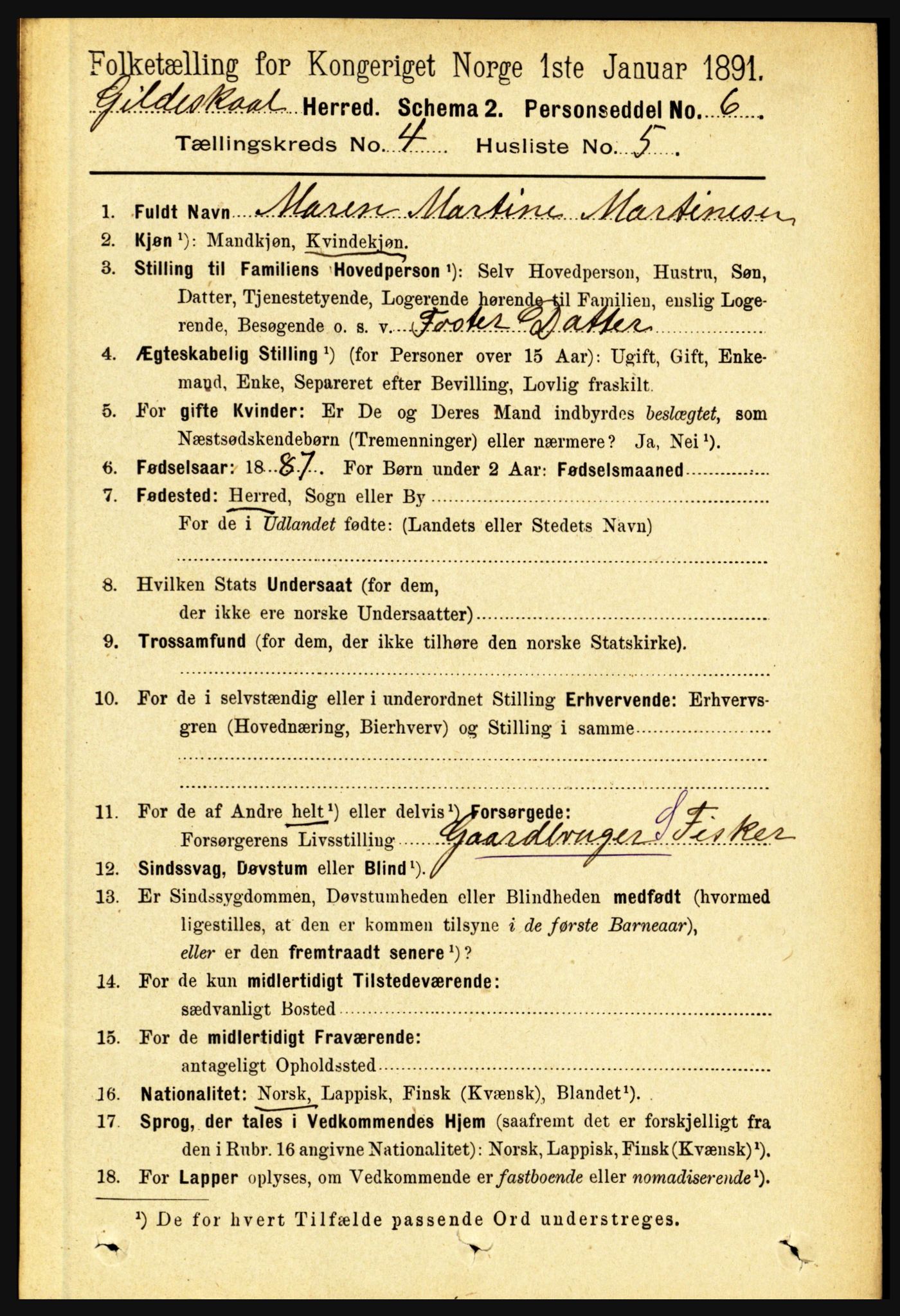 RA, 1891 census for 1838 Gildeskål, 1891, p. 1096