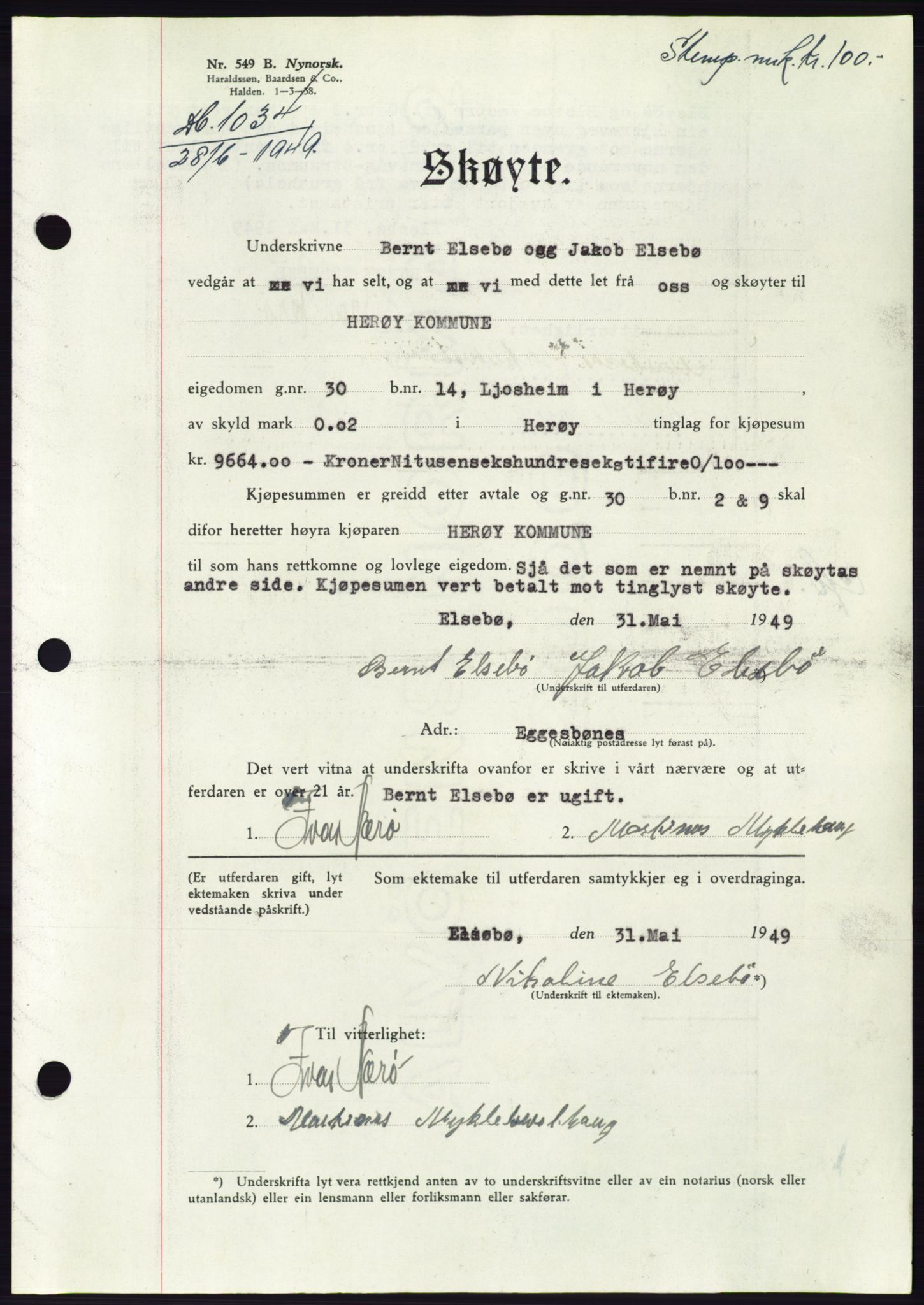 Søre Sunnmøre sorenskriveri, AV/SAT-A-4122/1/2/2C/L0084: Mortgage book no. 10A, 1949-1949, Diary no: : 1034/1949