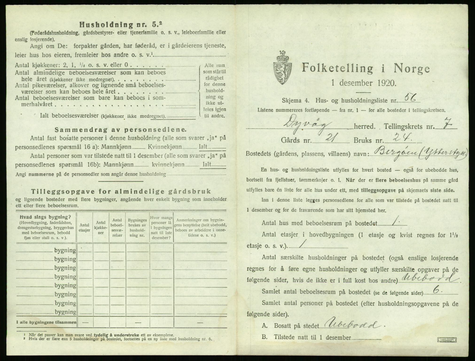 SAK, 1920 census for Dypvåg, 1920, p. 1305