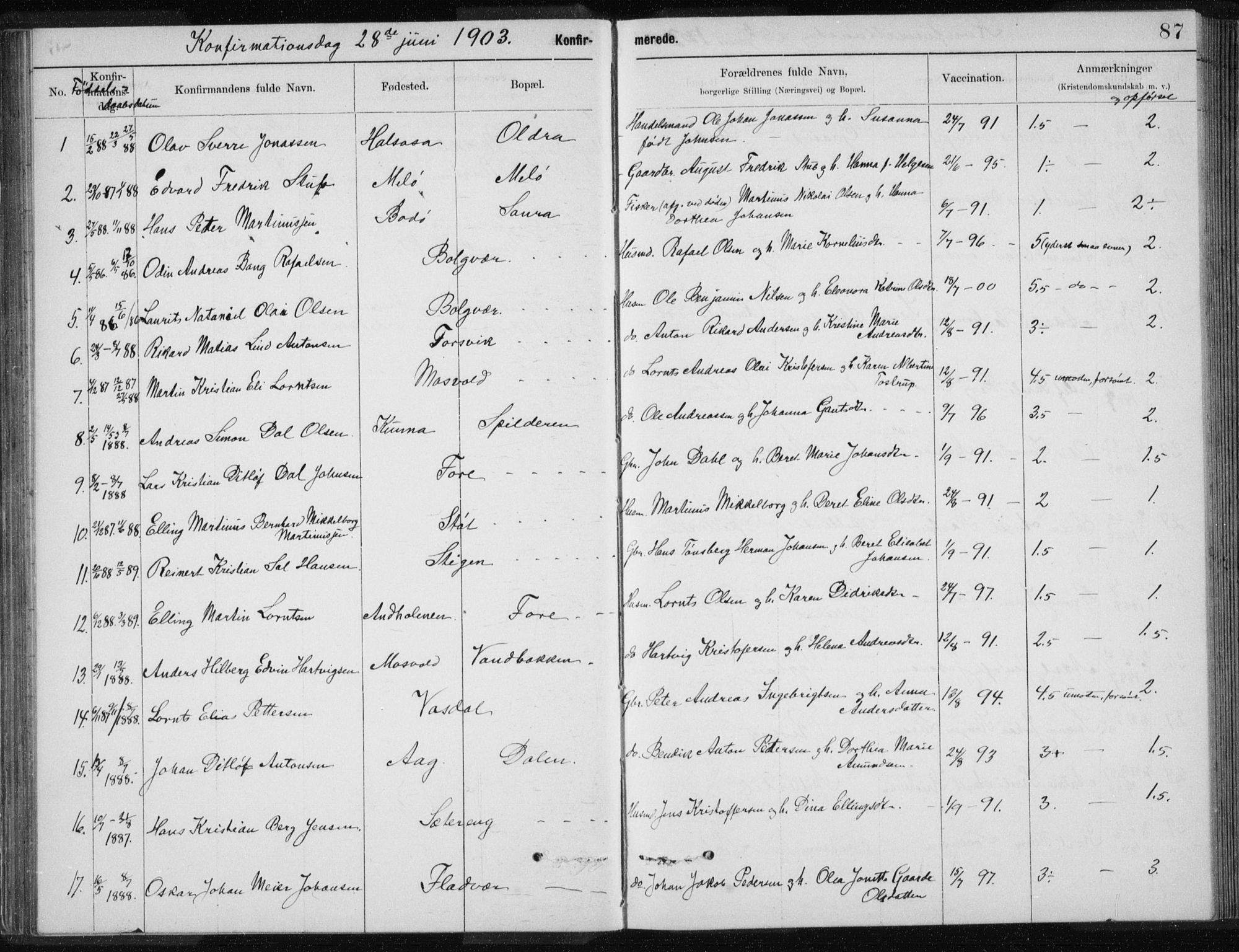 Ministerialprotokoller, klokkerbøker og fødselsregistre - Nordland, SAT/A-1459/843/L0637: Parish register (copy) no. 843C06, 1884-1908, p. 87