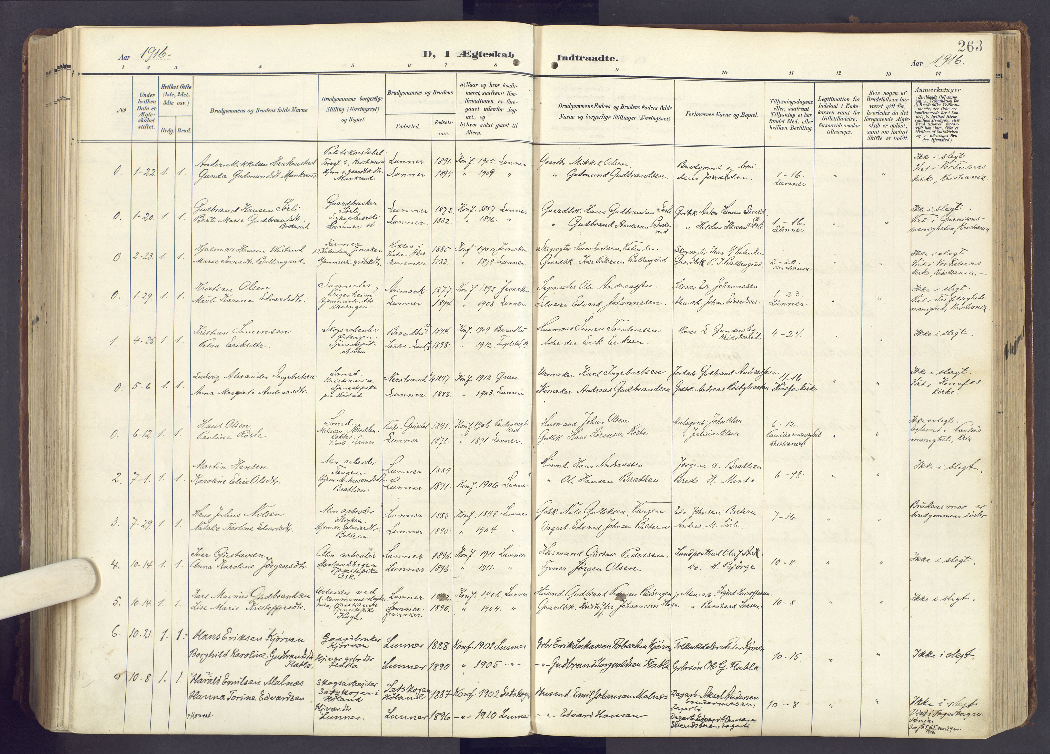 Lunner prestekontor, SAH/PREST-118/H/Ha/Haa/L0001: Parish register (official) no. 1, 1907-1922, p. 263