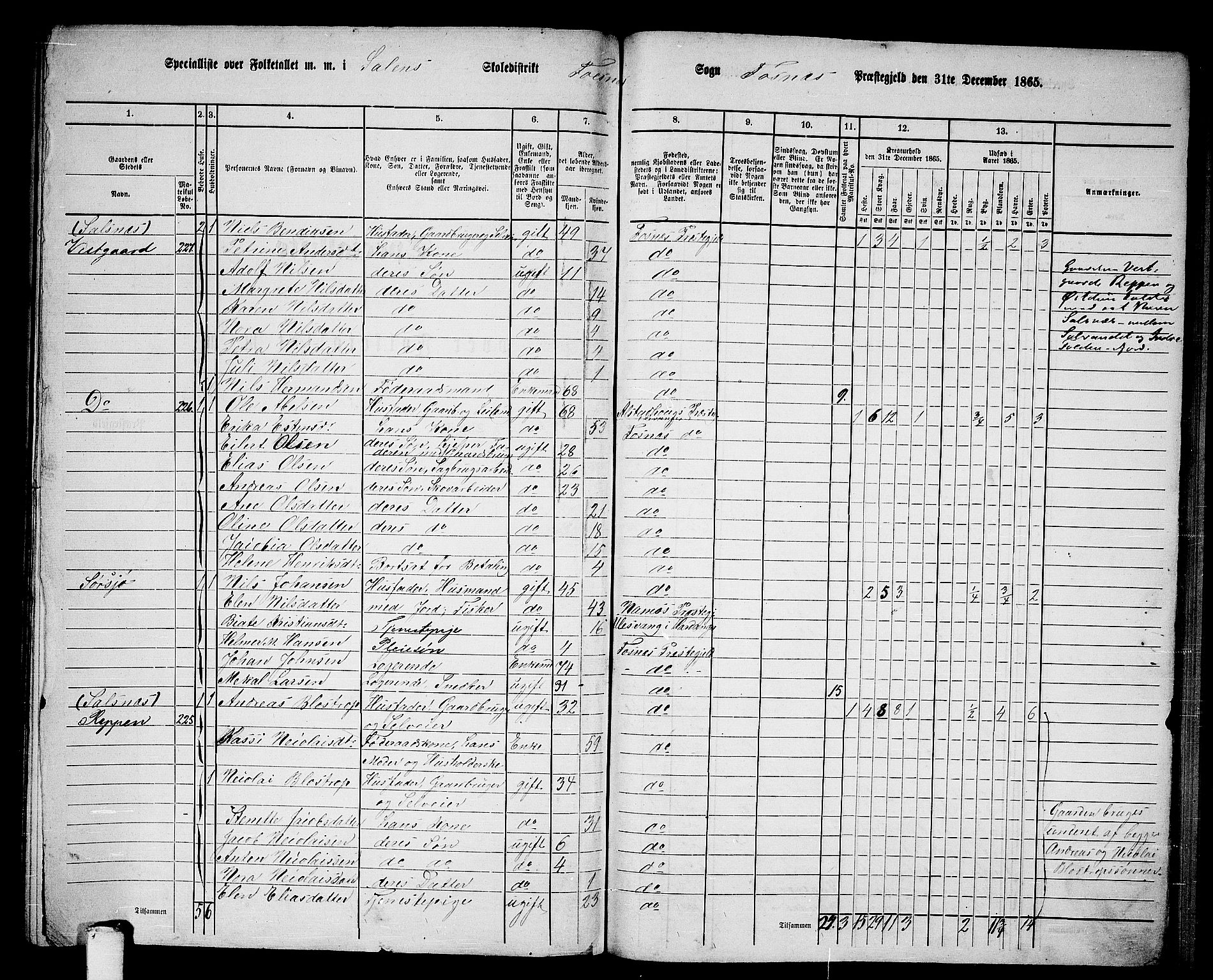 RA, 1865 census for Fosnes, 1865, p. 174