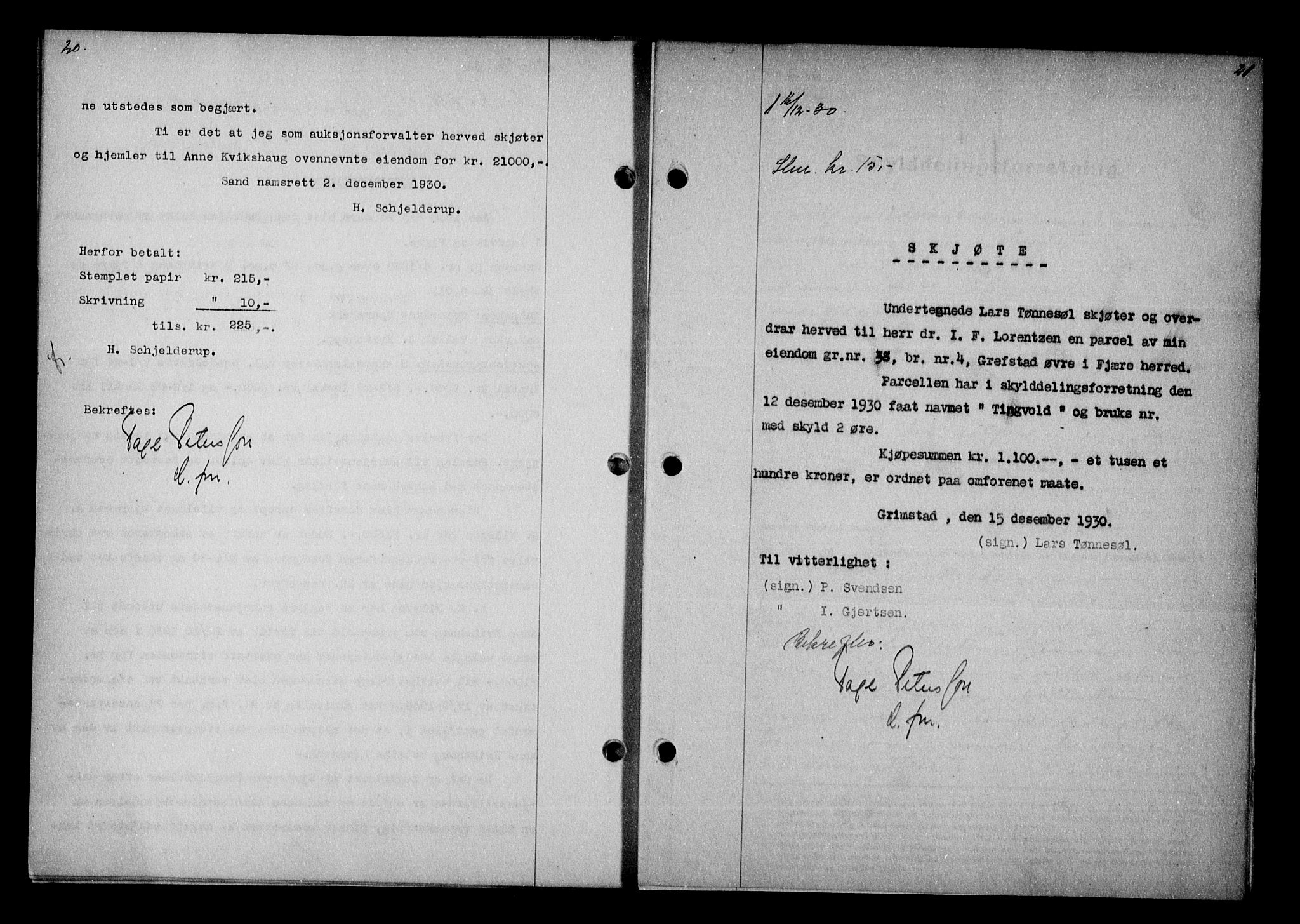 Vestre Nedenes/Sand sorenskriveri, AV/SAK-1221-0010/G/Gb/Gba/L0040: Mortgage book no. 66, 1930-1932, p. 20-21