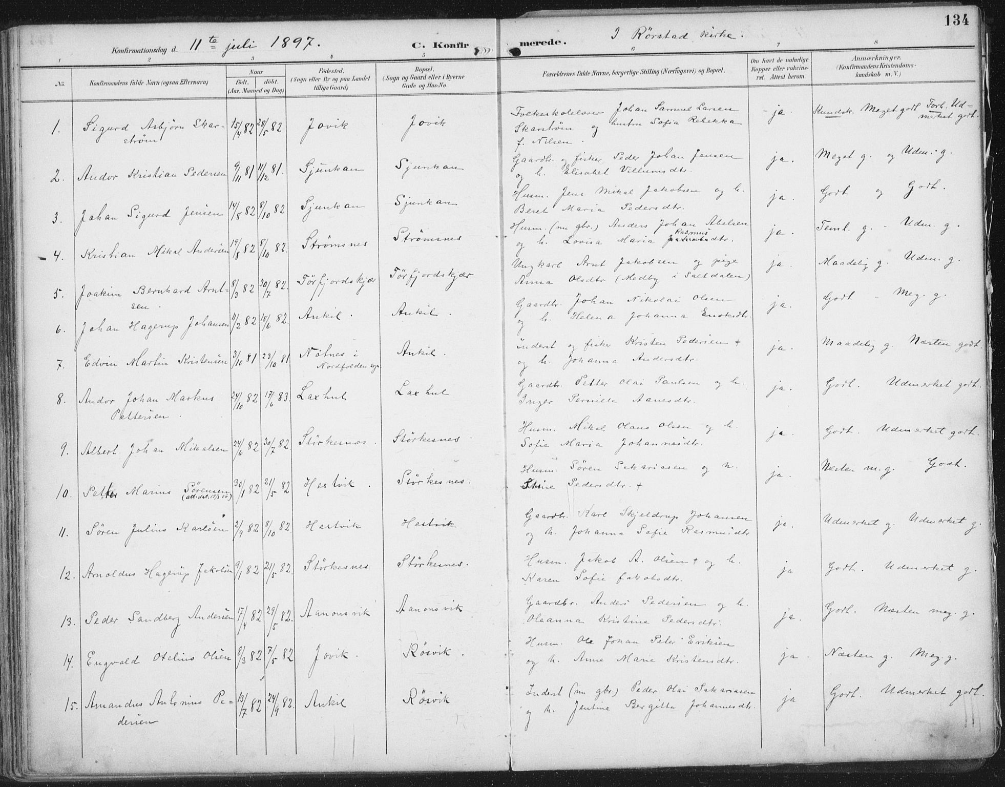 Ministerialprotokoller, klokkerbøker og fødselsregistre - Nordland, SAT/A-1459/854/L0779: Parish register (official) no. 854A02, 1892-1909, p. 134
