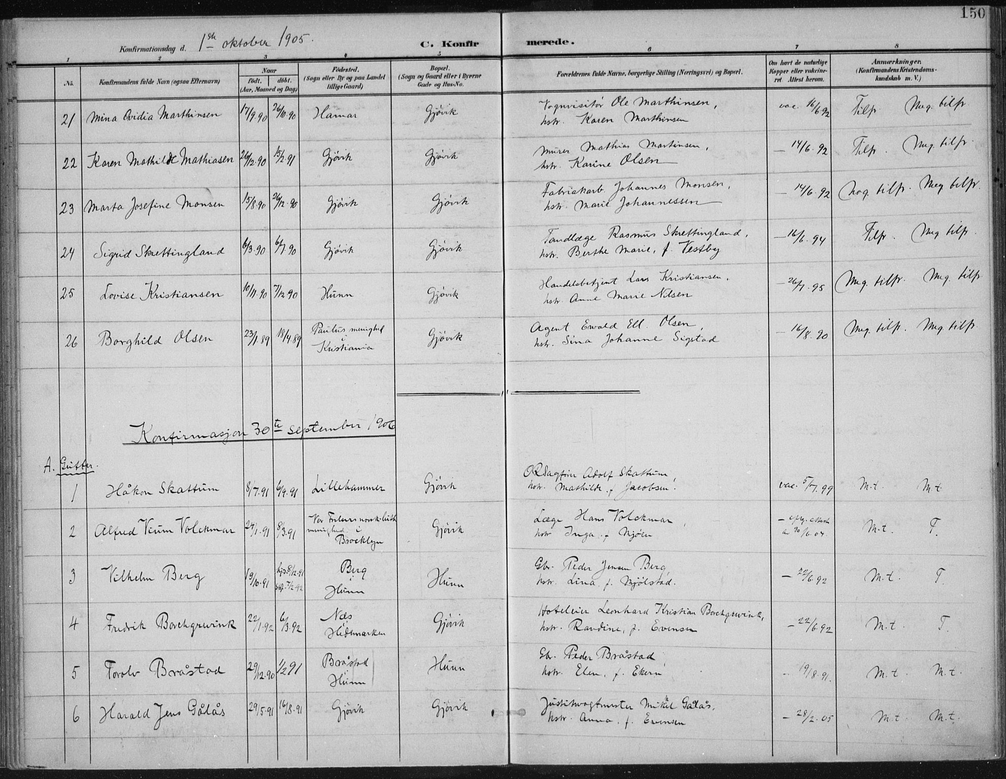 Vardal prestekontor, SAH/PREST-100/H/Ha/Haa/L0013: Parish register (official) no. 13, 1901-1911, p. 150