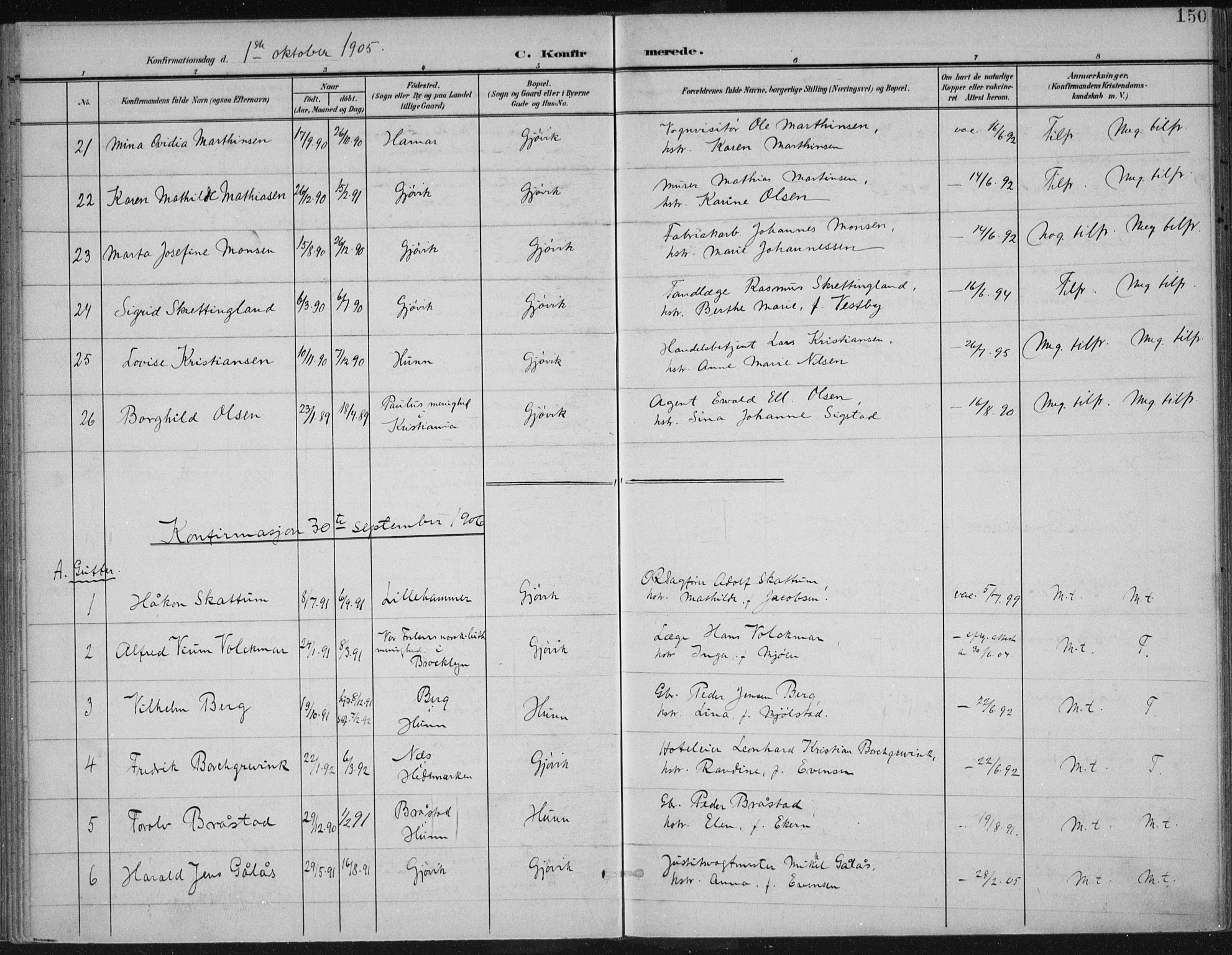Vardal prestekontor, AV/SAH-PREST-100/H/Ha/Haa/L0013: Parish register (official) no. 13, 1901-1911, p. 150
