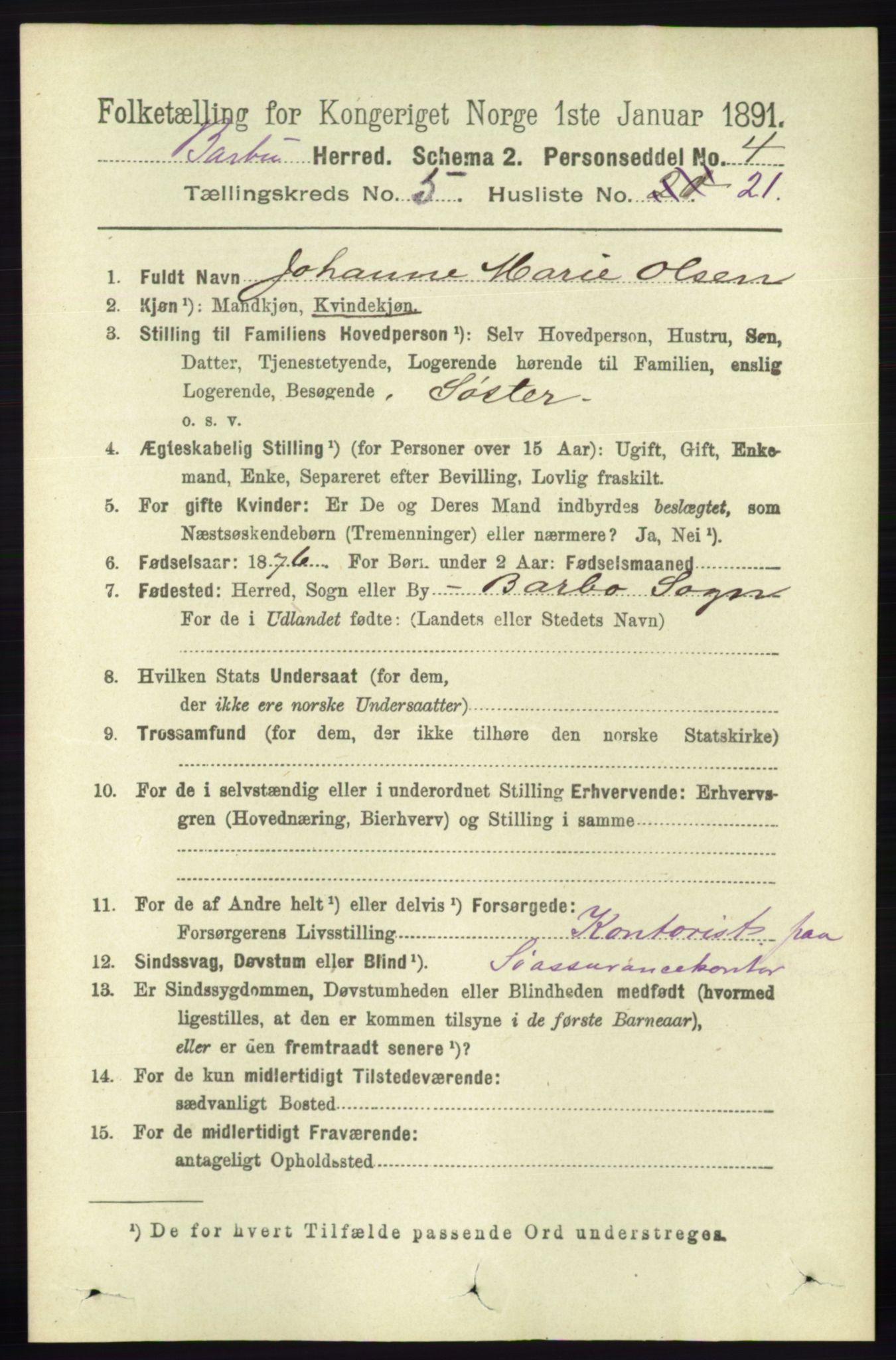 RA, 1891 census for 0990 Barbu, 1891, p. 3691