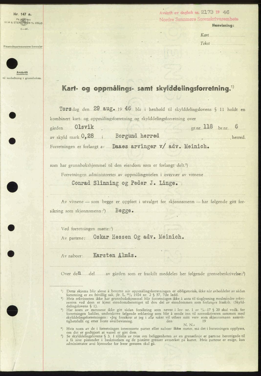 Nordre Sunnmøre sorenskriveri, AV/SAT-A-0006/1/2/2C/2Ca: Mortgage book no. A23, 1946-1947, Diary no: : 2173/1946