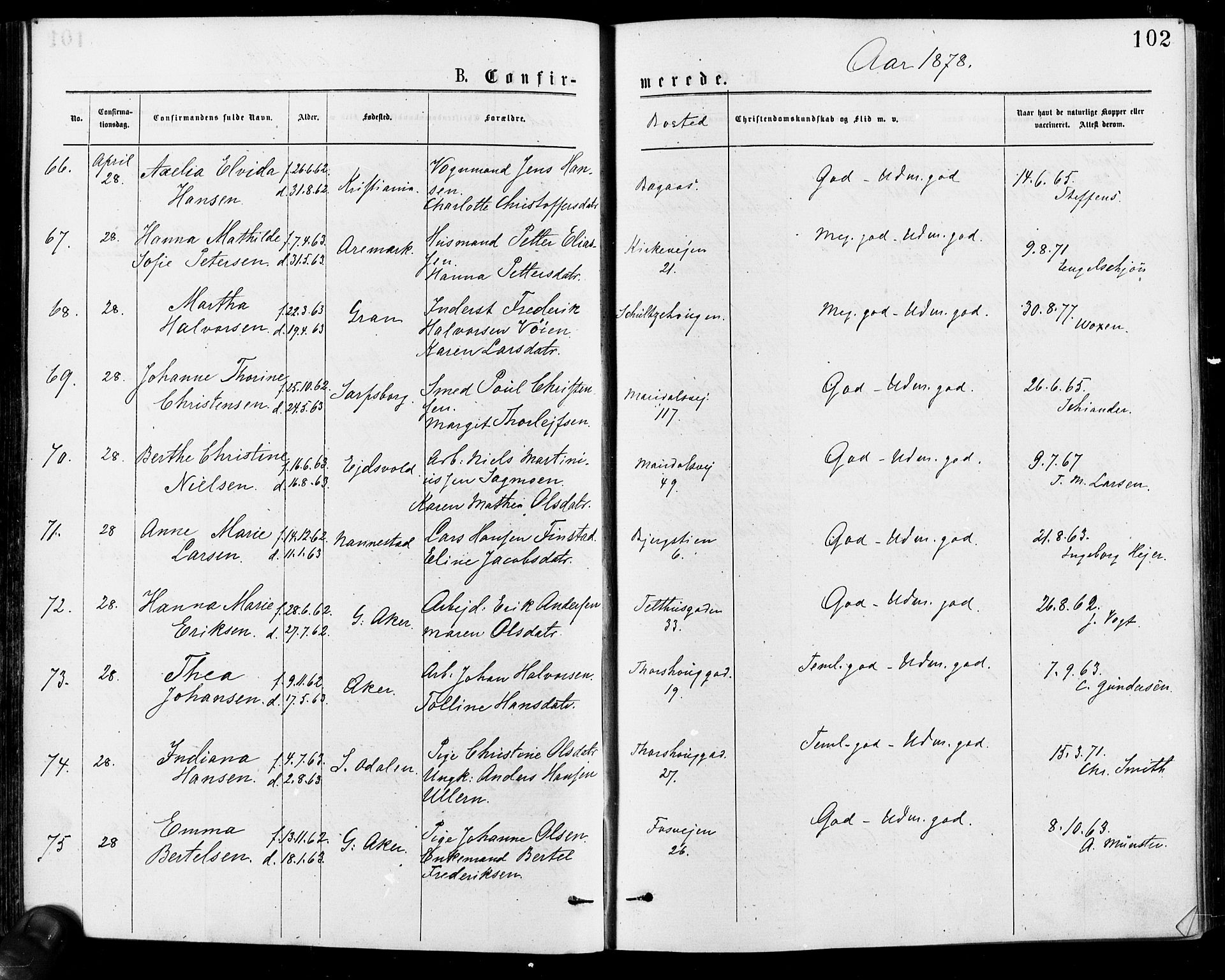 Gamle Aker prestekontor Kirkebøker, AV/SAO-A-10617a/F/L0005: Parish register (official) no. 5, 1873-1881, p. 102