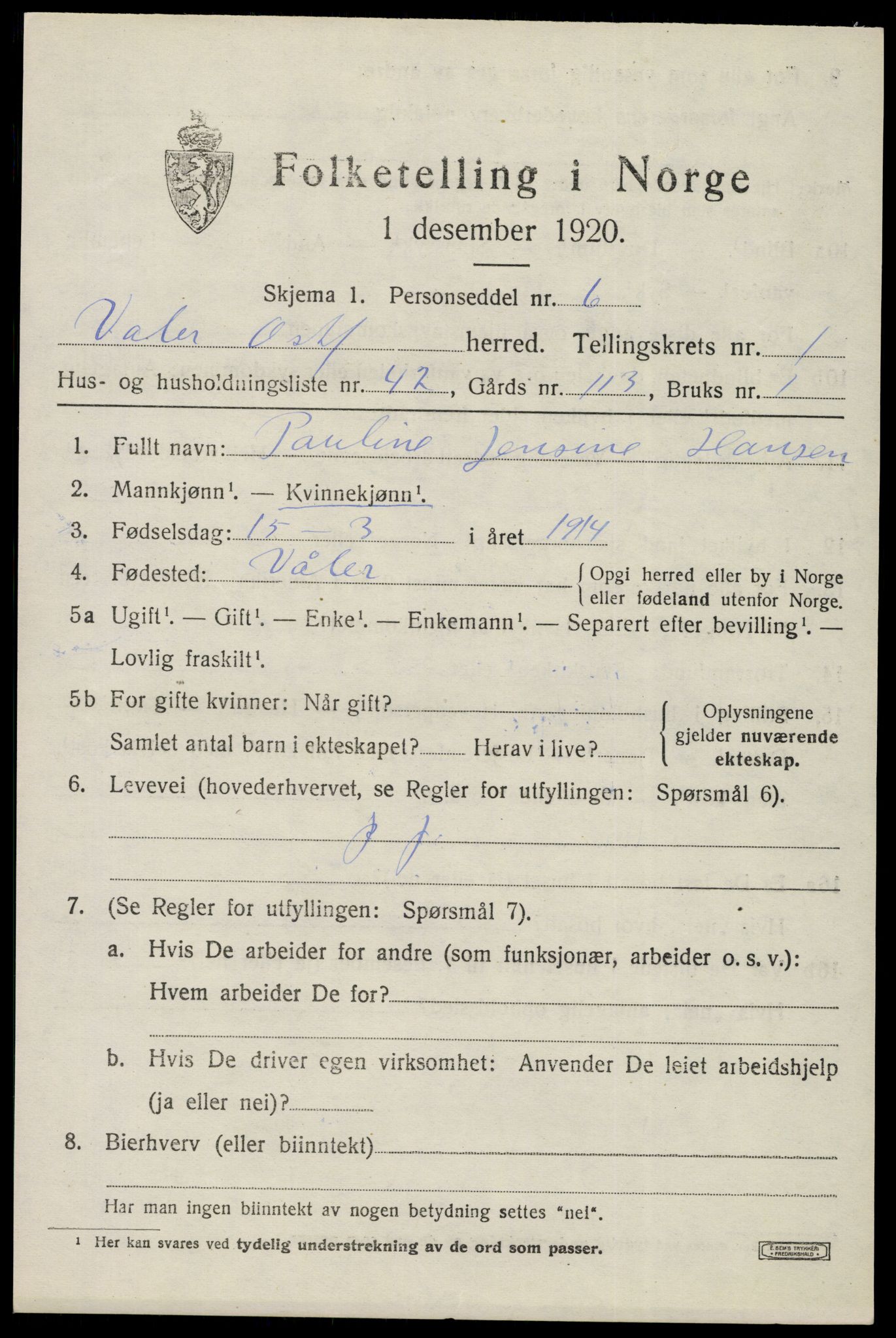 SAO, 1920 census for Våler, 1920, p. 1376