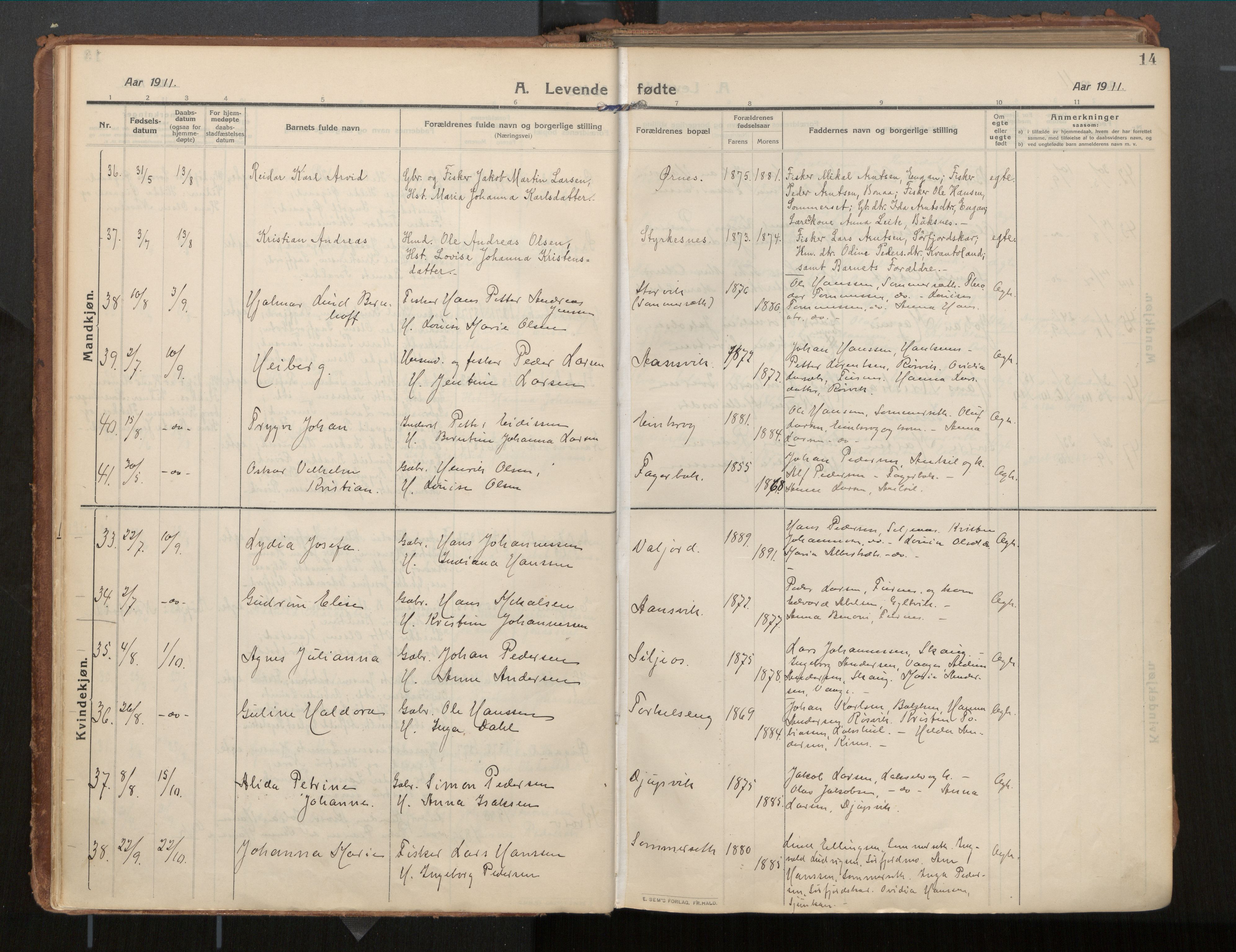 Ministerialprotokoller, klokkerbøker og fødselsregistre - Nordland, SAT/A-1459/854/L0784: Parish register (official) no. 854A07, 1910-1922, p. 14