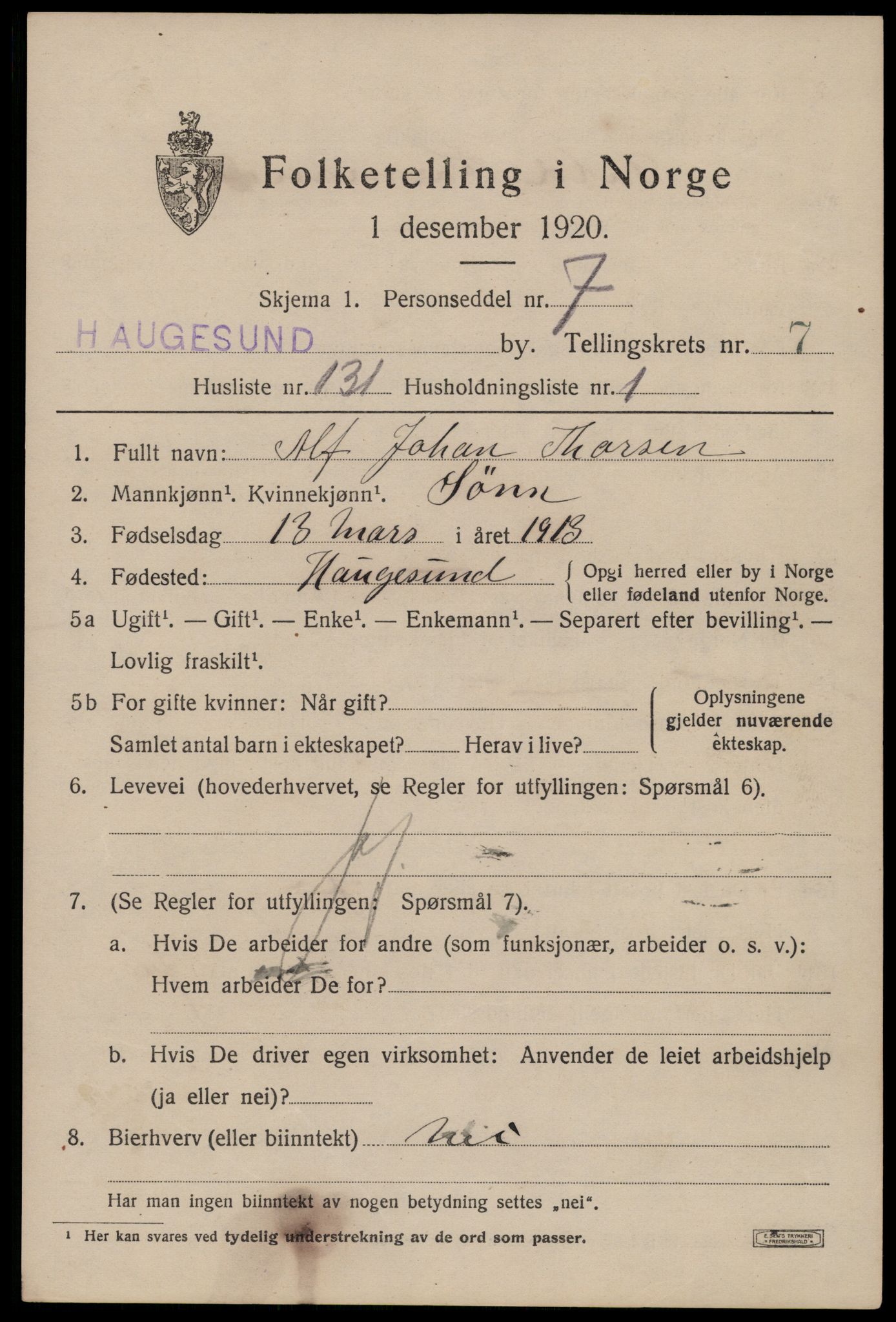 SAST, 1920 census for Haugesund, 1920, p. 27429