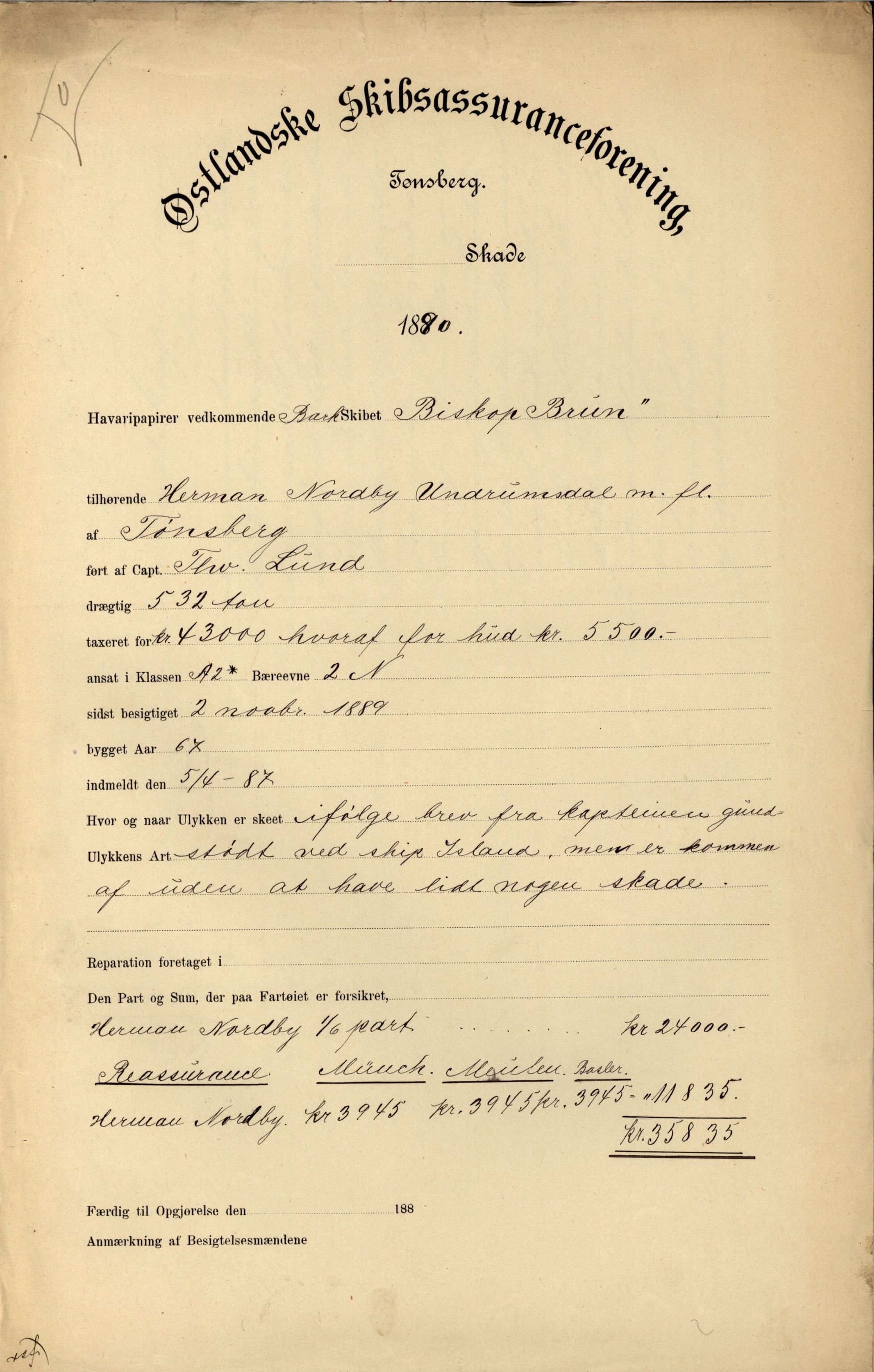 Pa 63 - Østlandske skibsassuranceforening, VEMU/A-1079/G/Ga/L0026/0007: Havaridokumenter / Arctic, Biskop Brun, Agnese, Annie, Alma, Bertha Rød, 1890, p. 4