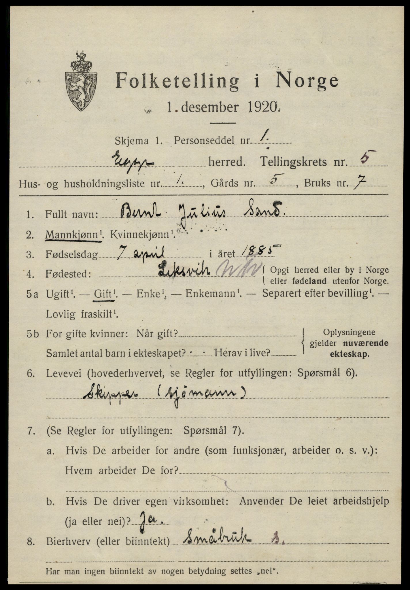 SAT, 1920 census for Egge, 1920, p. 3346