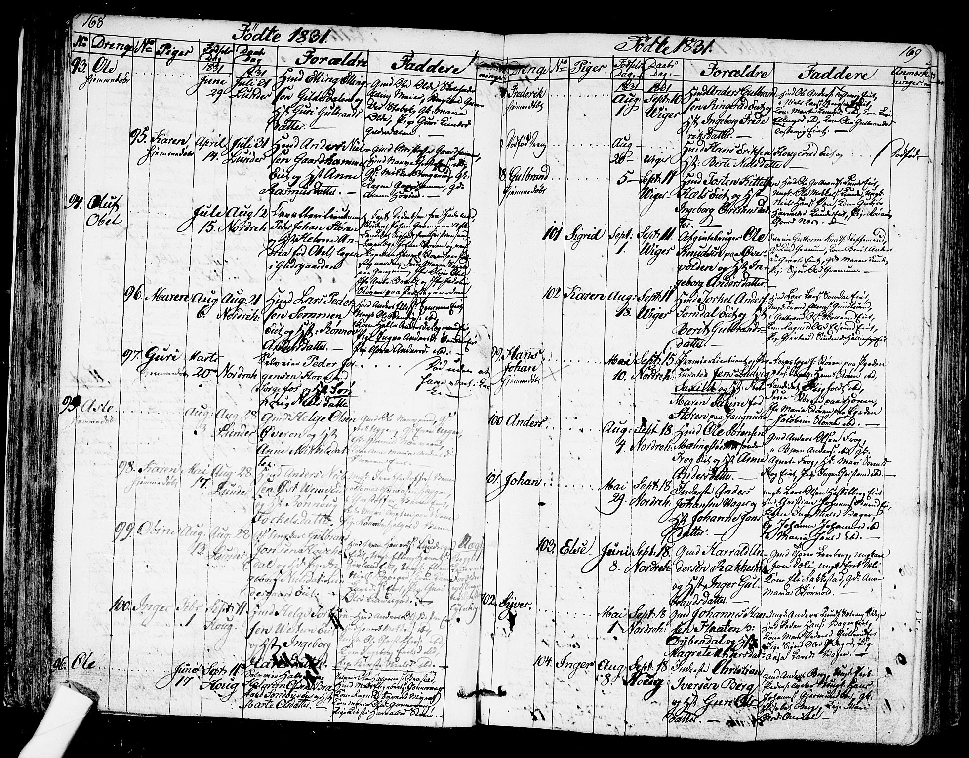Norderhov kirkebøker, AV/SAKO-A-237/G/Ga/L0004: Parish register (copy) no. I 4, 1824-1849, p. 168-169