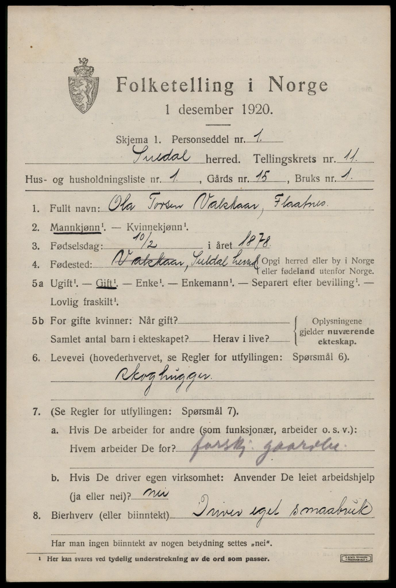 SAST, 1920 census for Suldal, 1920, p. 3232