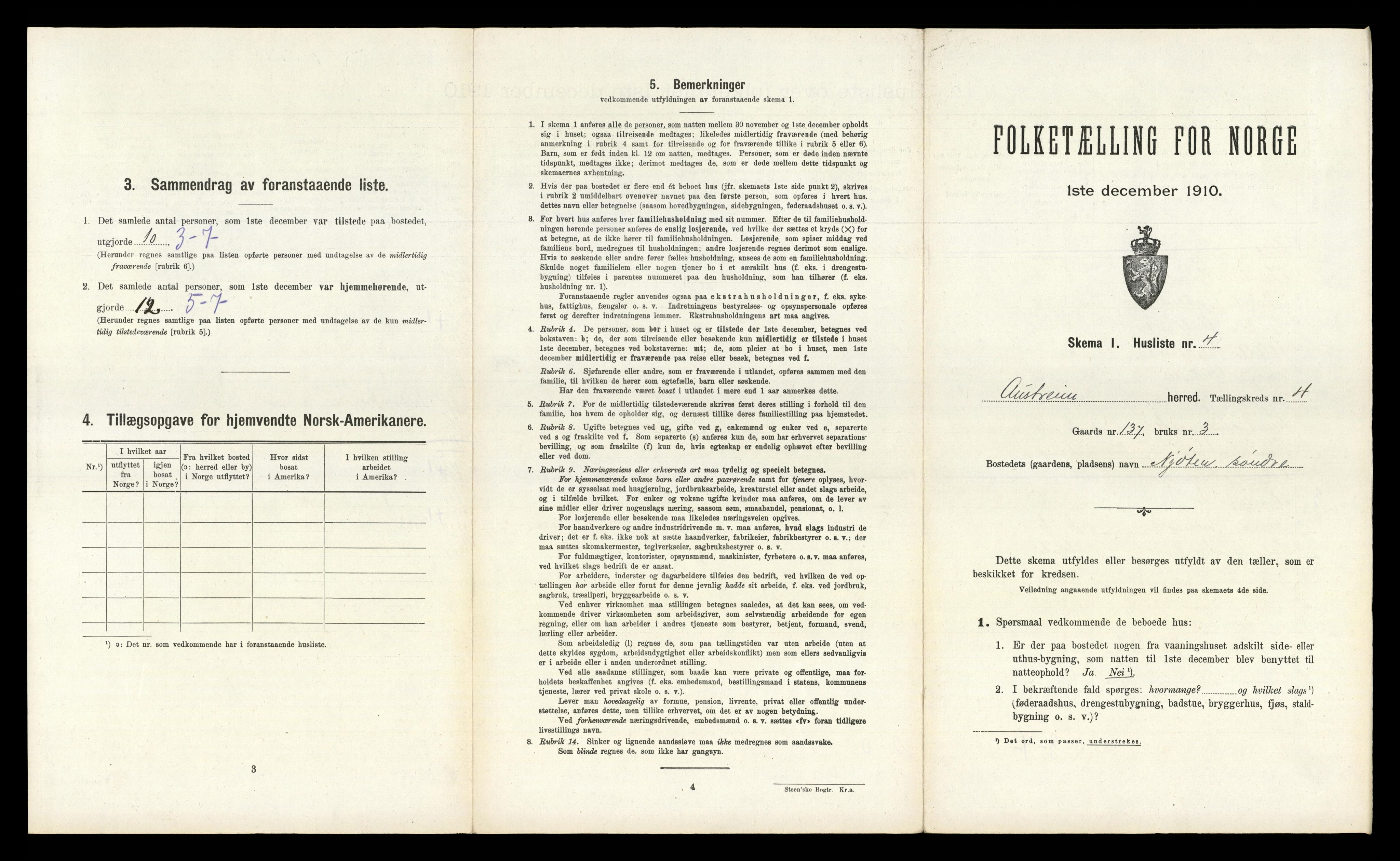 RA, 1910 census for Austrheim, 1910, p. 212