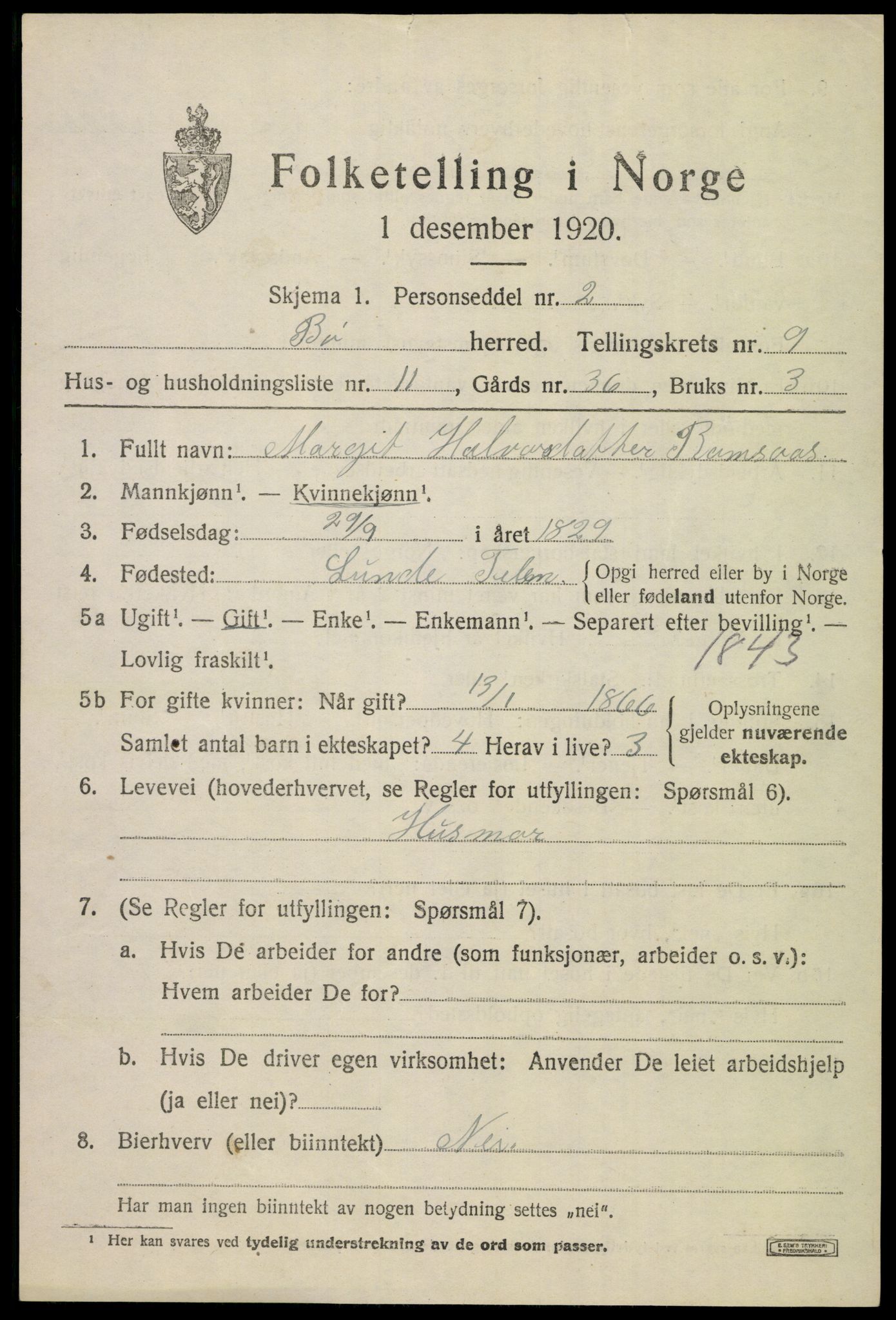 SAKO, 1920 census for Bø (Telemark), 1920, p. 6530