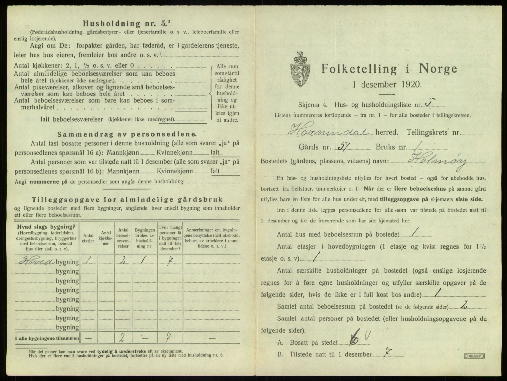 SAB, 1920 census for Hornindal, 1920, p. 481