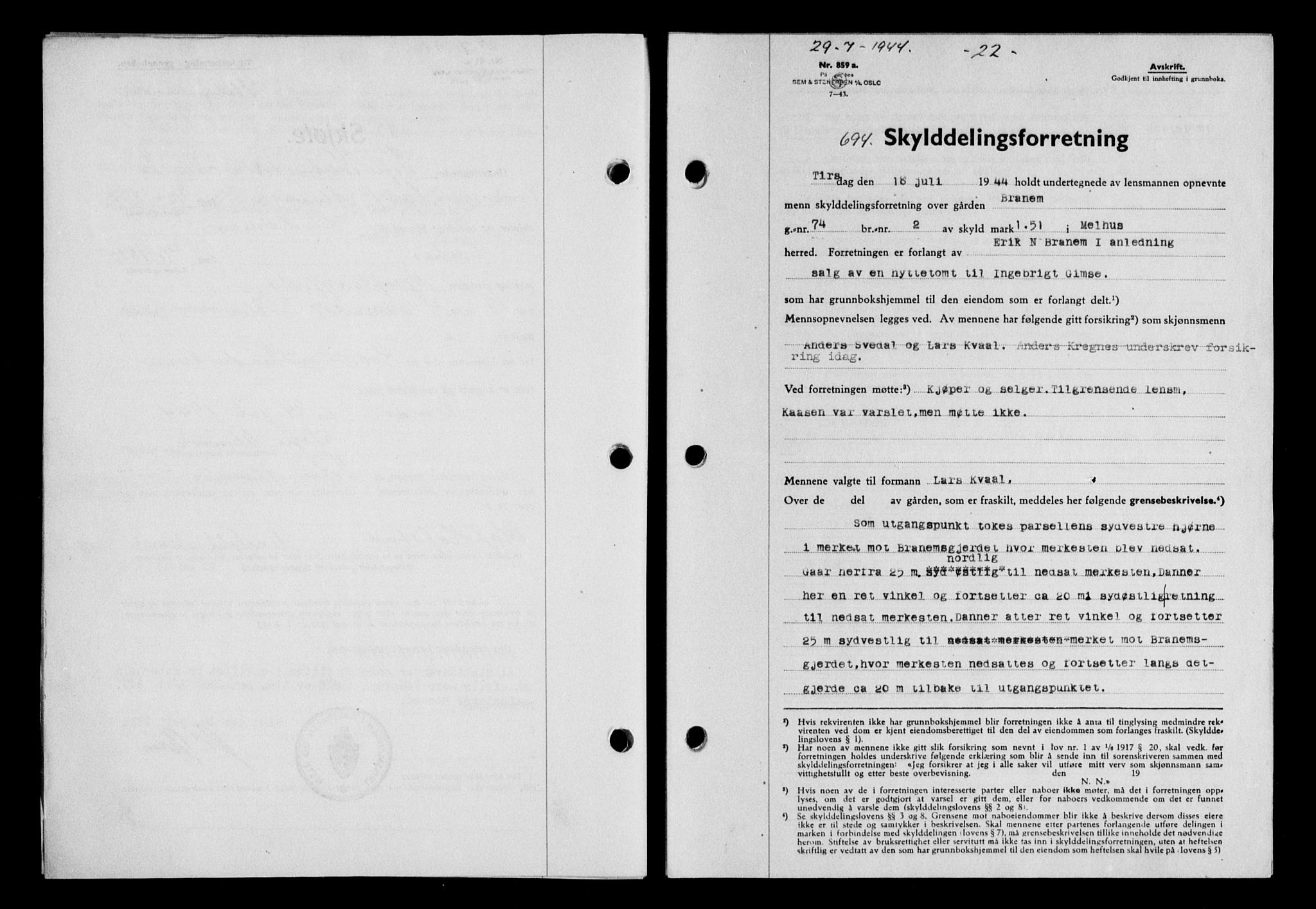 Gauldal sorenskriveri, SAT/A-0014/1/2/2C/L0058: Mortgage book no. 63, 1944-1945, Diary no: : 694/1944