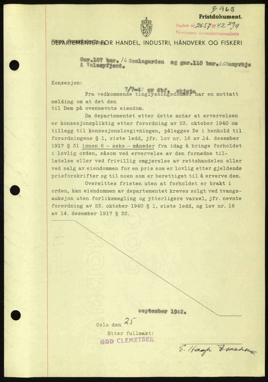 Nordmøre sorenskriveri, AV/SAT-A-4132/1/2/2Ca: Mortgage book no. B89, 1942-1942, Diary no: : 2657/1942