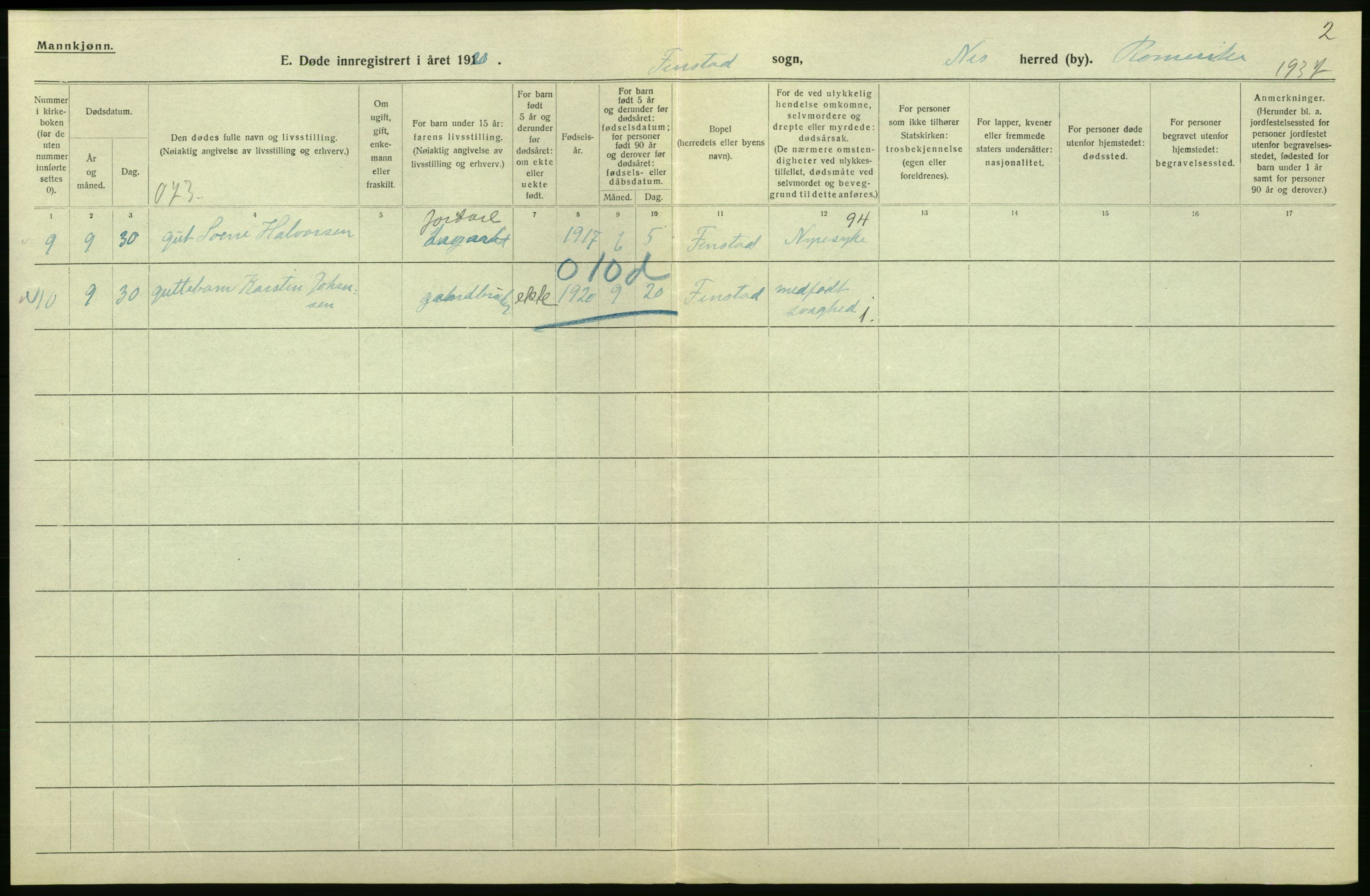 Statistisk sentralbyrå, Sosiodemografiske emner, Befolkning, AV/RA-S-2228/D/Df/Dfb/Dfbj/L0007: Akershus fylke: Døde. Bygder og byer., 1920, p. 212