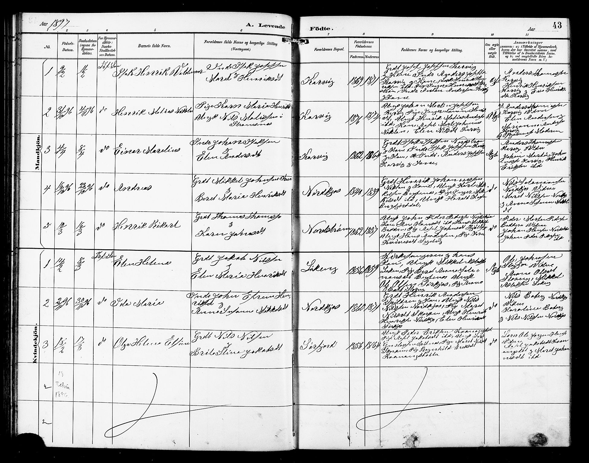 Skjervøy sokneprestkontor, AV/SATØ-S-1300/H/Ha/Hab/L0016klokker: Parish register (copy) no. 16, 1891-1907, p. 43